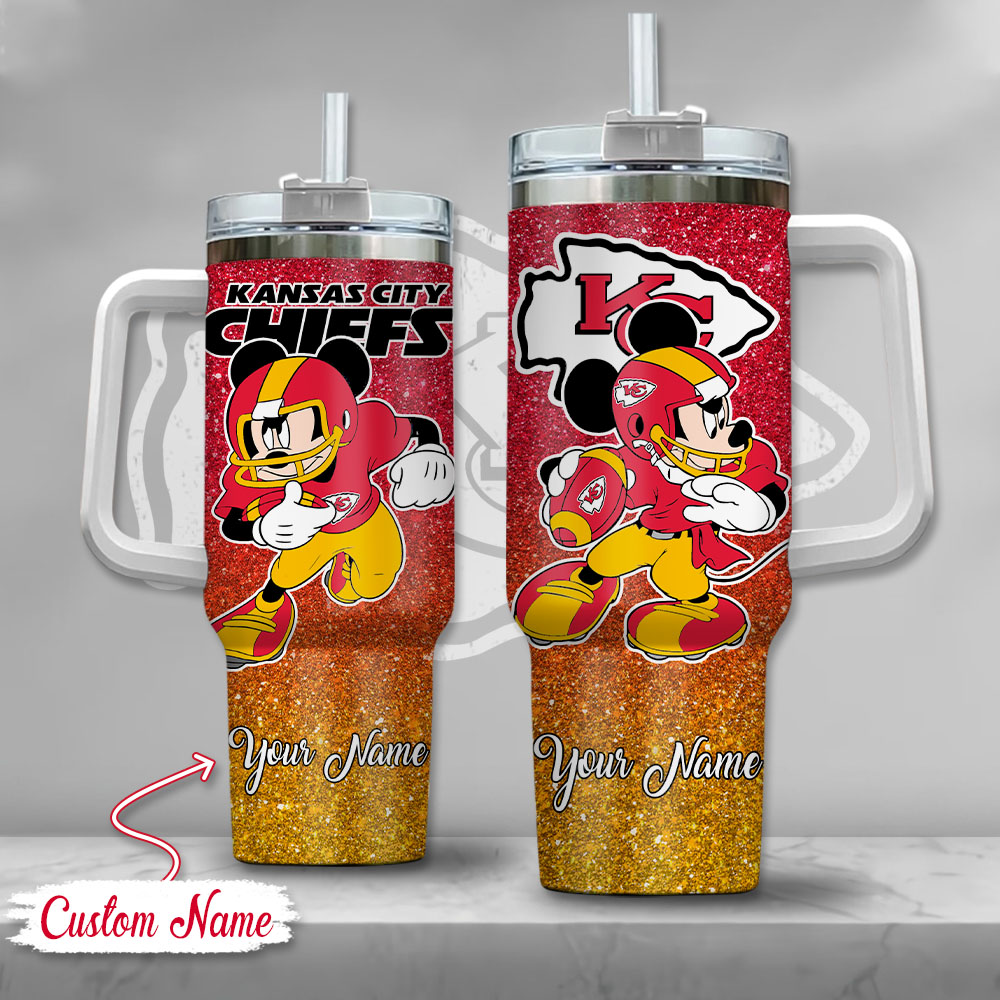 Kansas City Chiefs NFL Mickey Mouse Glitter Custom Stanley Quencher 40oz Stainless Steel Tumbler With Handle