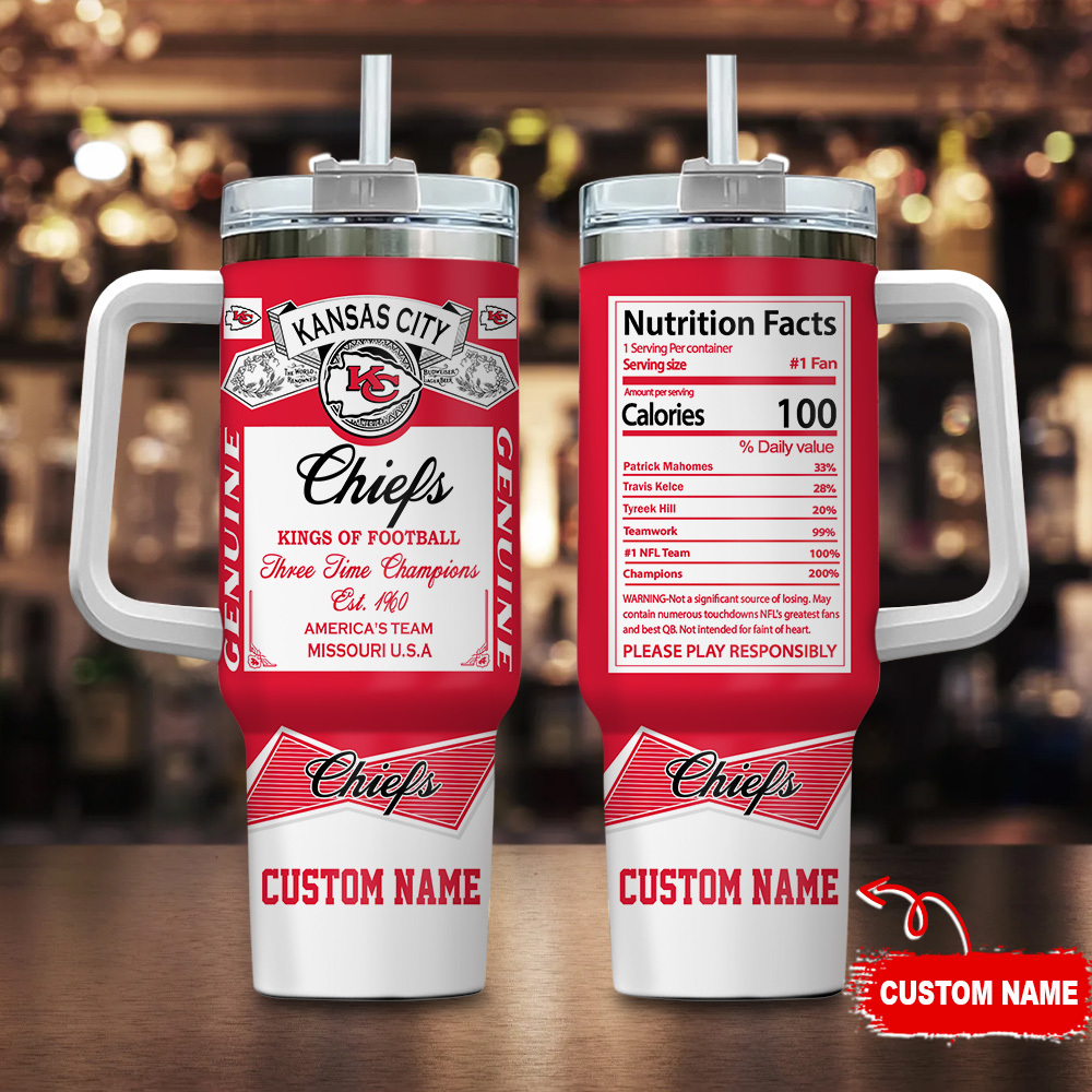 Kansas City Chiefs NFL Nutrition Facts Custom Stanley Quencher 40oz Stainless Steel Tumbler With Handle