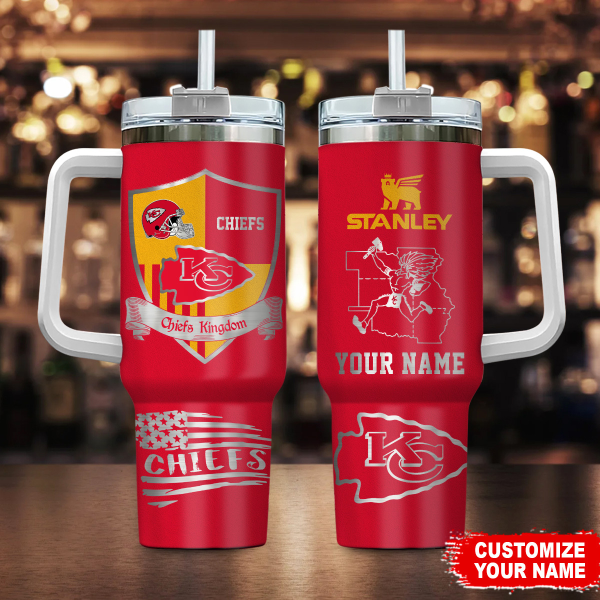 Kansas City Chiefs NFL Silver Logo Custom Stanley Quencher 40oz Stainless Steel Tumbler With Handle