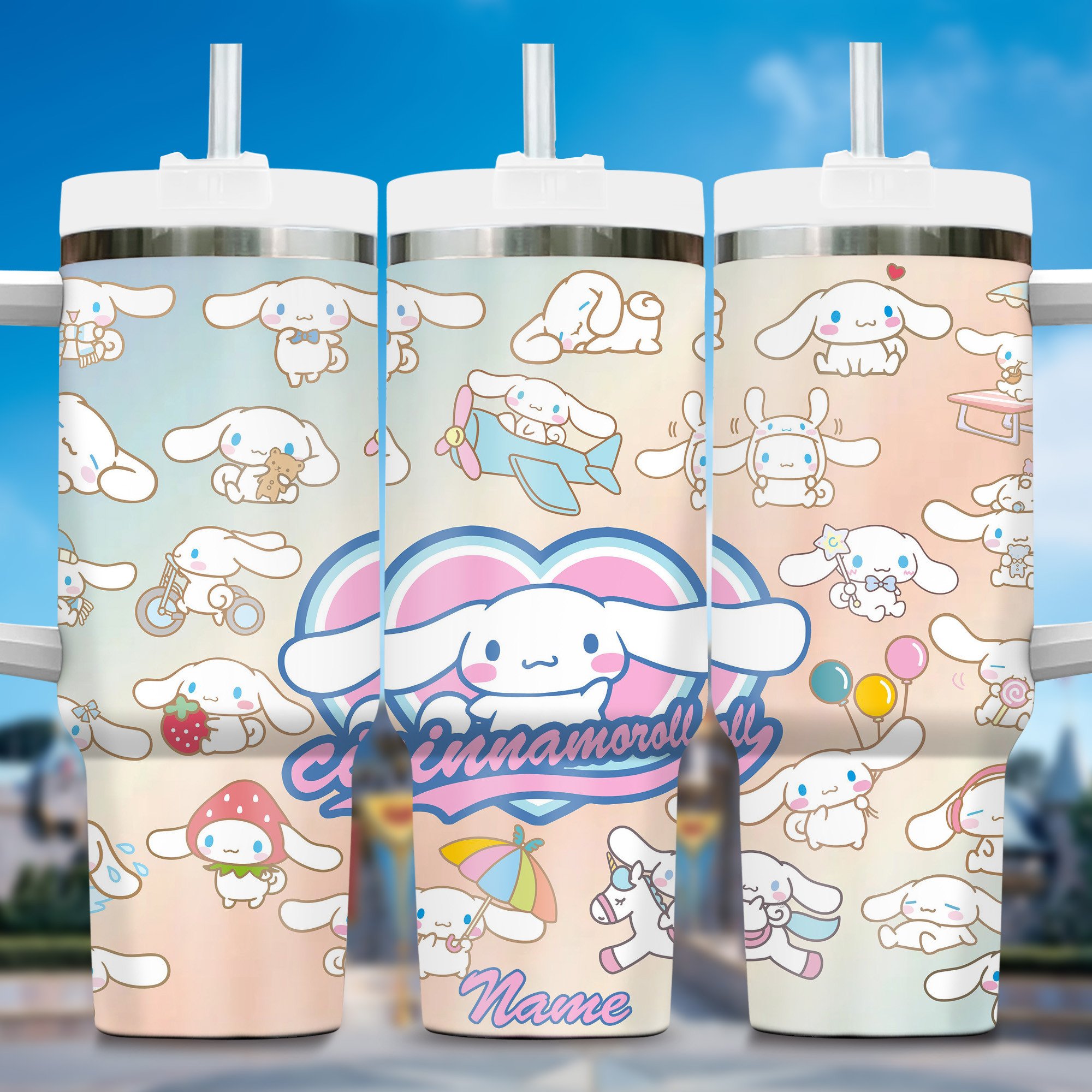 Kawaii Cinna Bunny Cartoon Custom Stanley Quencher 40oz Stainless Steel Tumbler With Handle