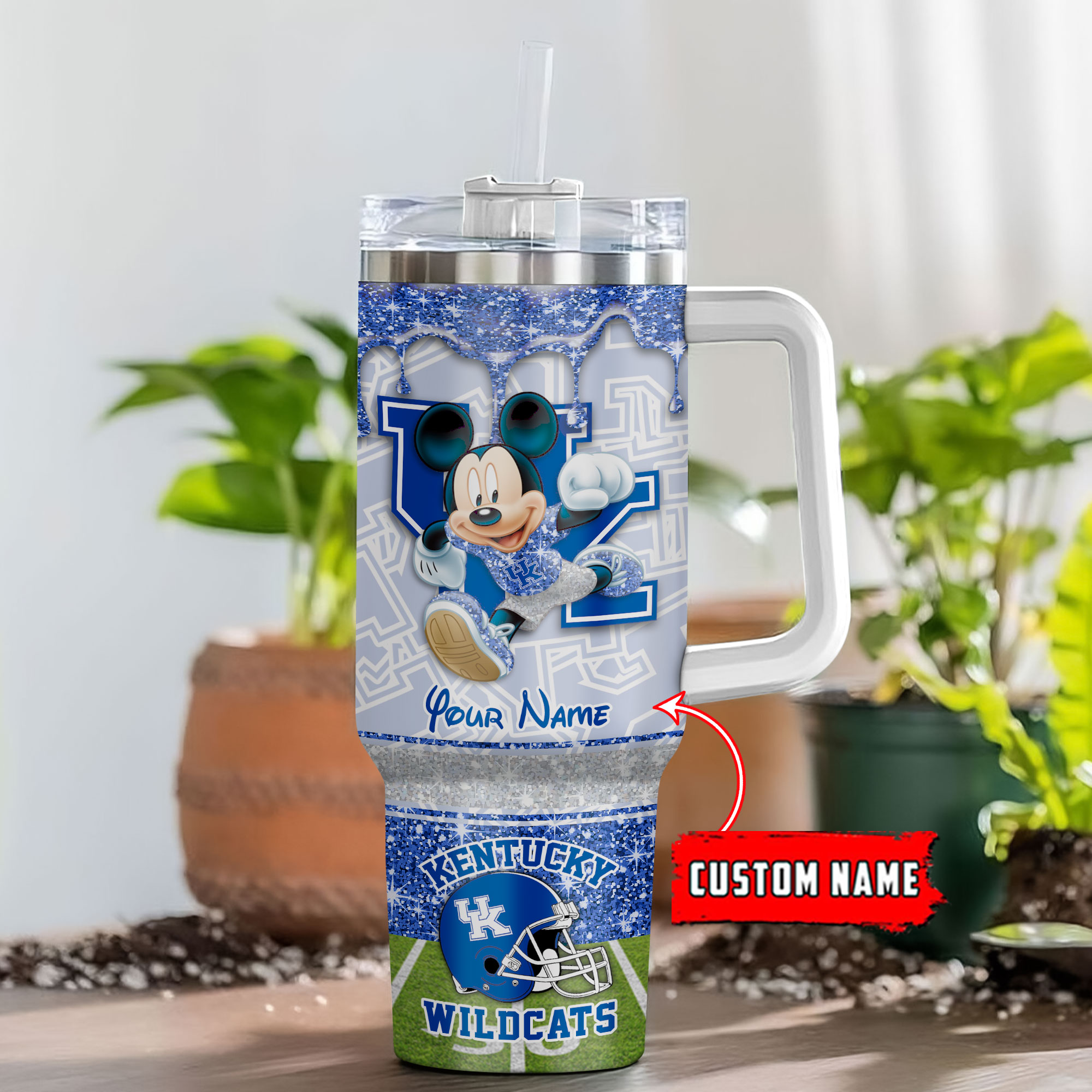 Kentucky Wildcats NCAA Mickey Mouse Glitter Custom Stanley Quencher 40oz Stainless Steel Tumbler With Handle