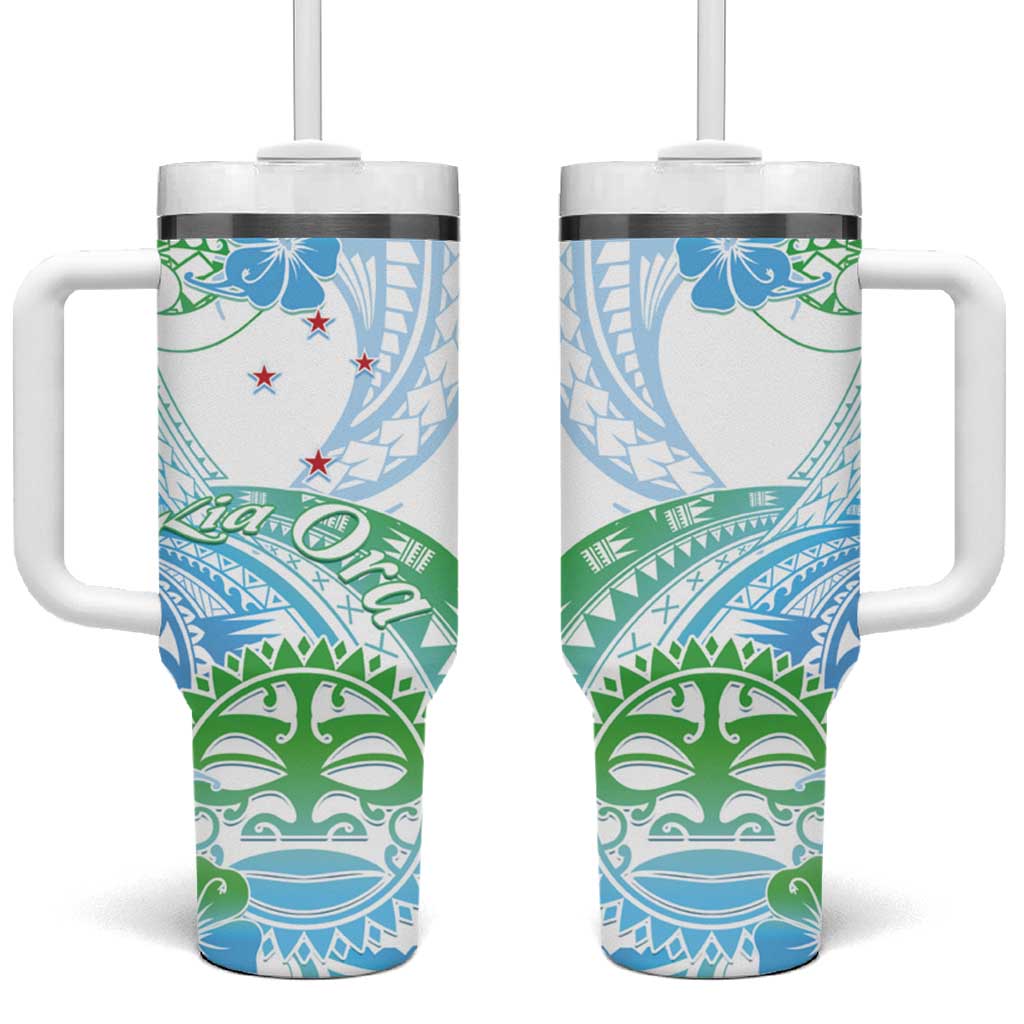 Kia Ora Maori New Zealand Pastel Sun Ta Moko Aqua Green Custom Stanley Quencher 40oz Stainless Steel Tumbler With Handle