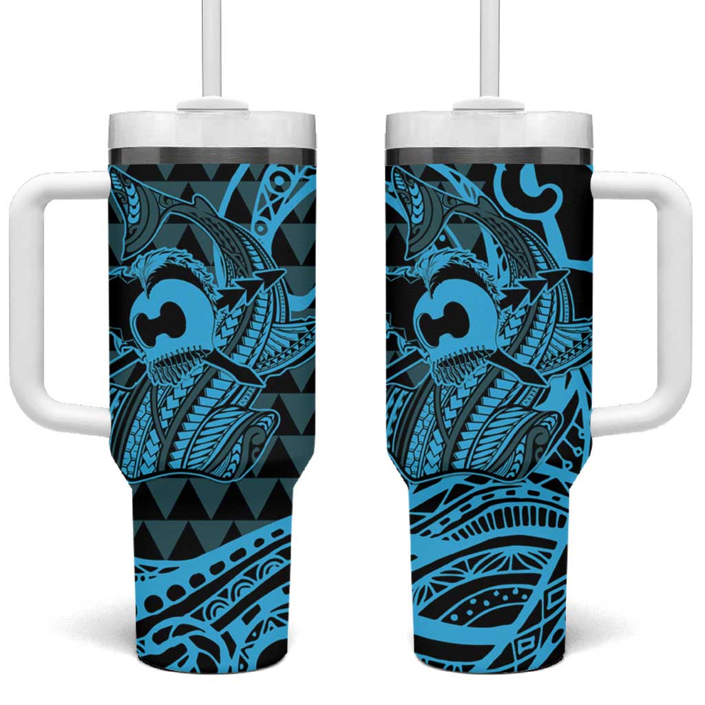 Koa Ikaika Warrior Helmet with Shark Blue Kakau Custom Stanley Quencher 40oz Stainless Steel Tumbler With Handle