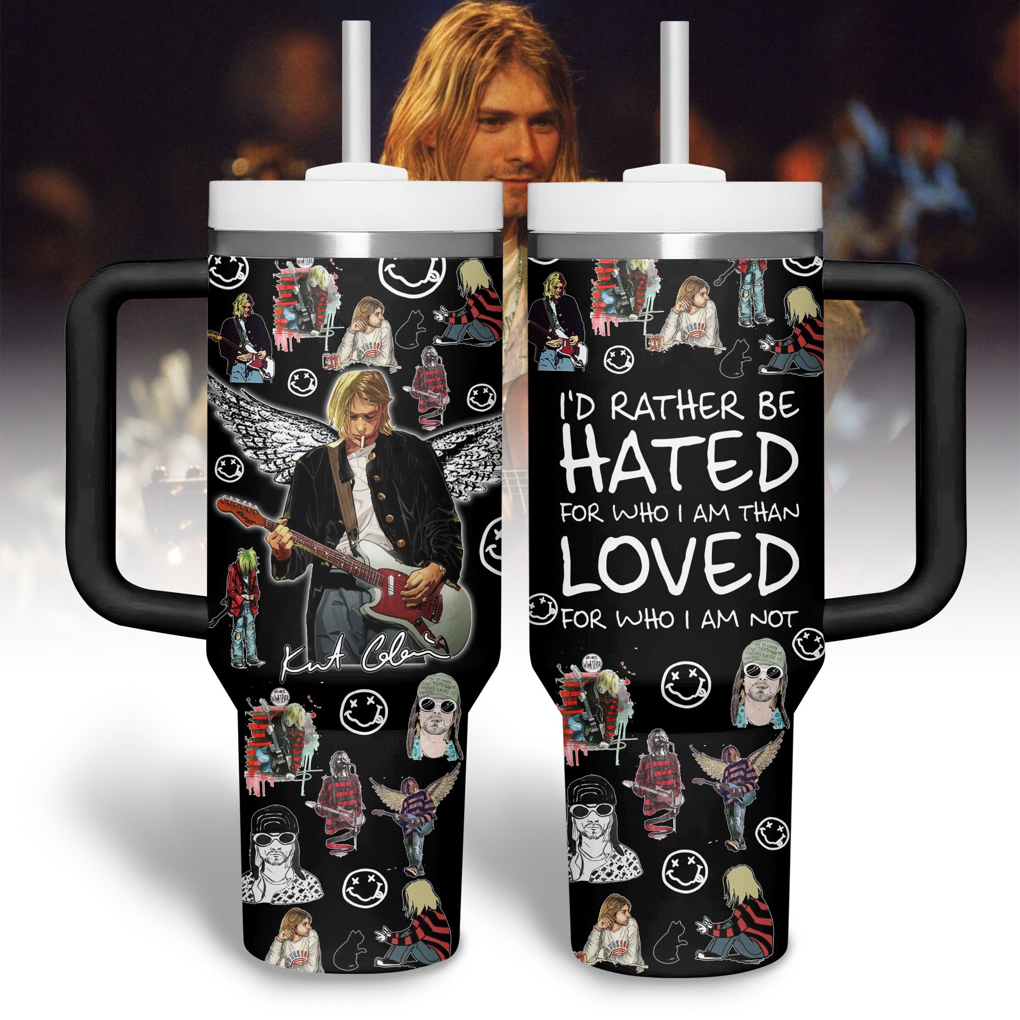 Kurt Cobain Music Custom Stanley Quencher 40oz Stainless Steel Tumbler With Handle