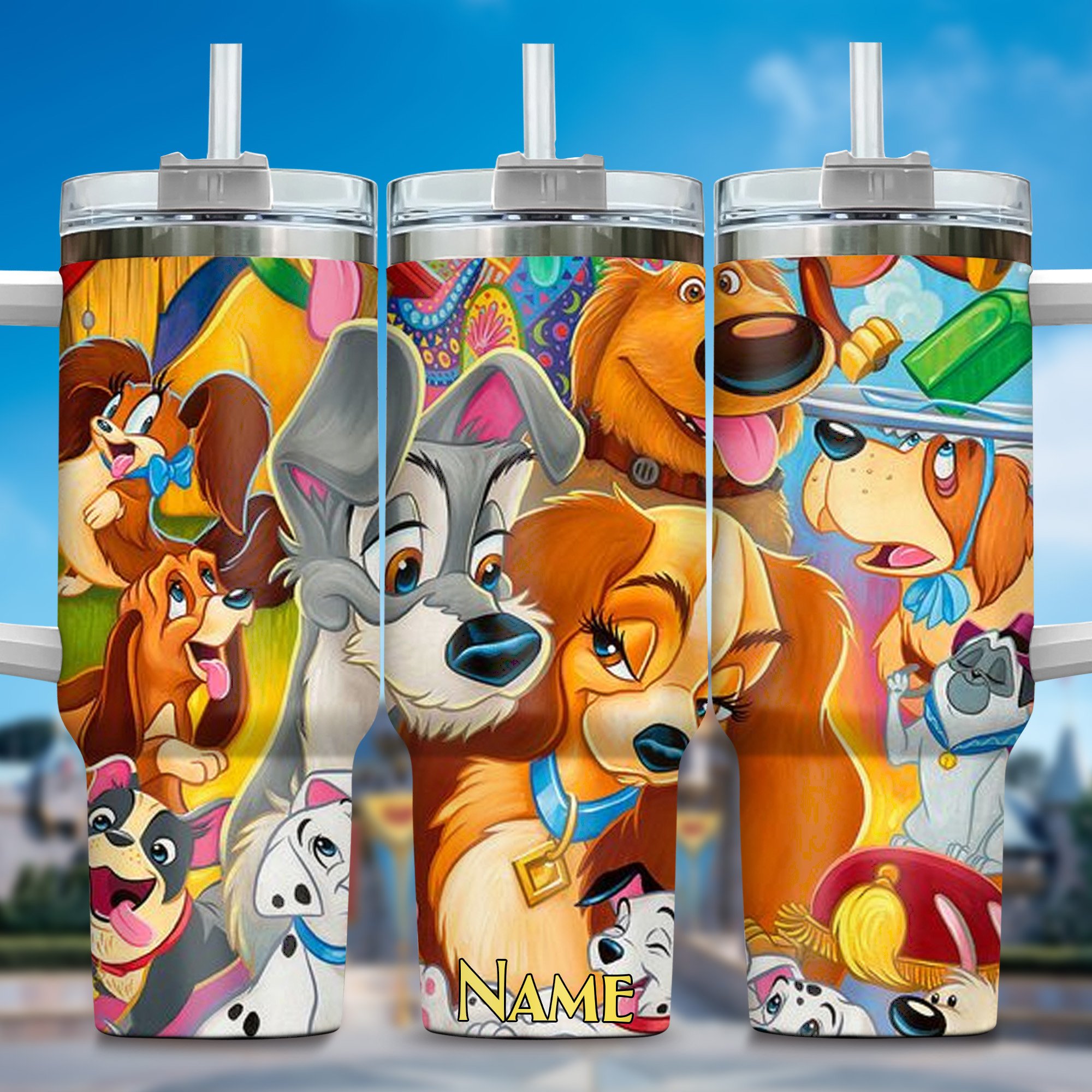 Lady and the Tramp Cartoon Custom Stanley Quencher 40oz Stainless Steel Tumbler With Handle