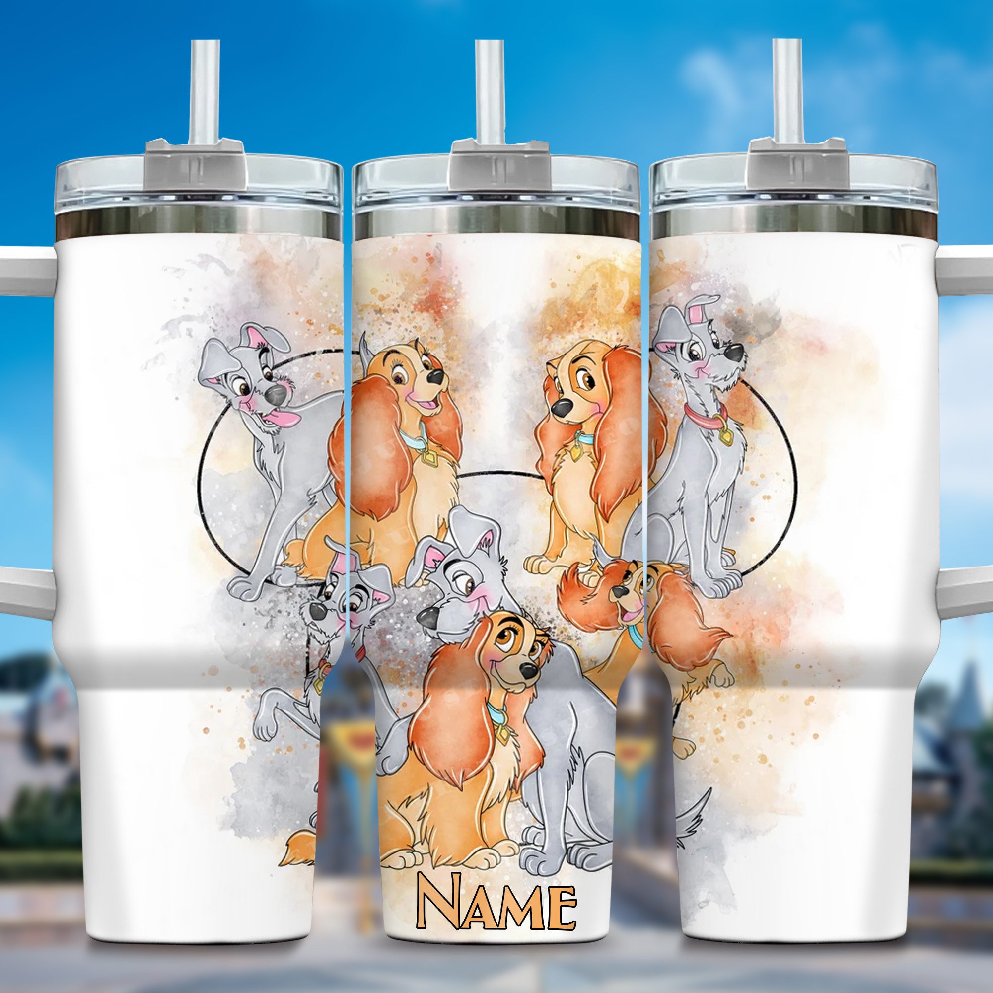 Lady and the Tramp Cartoon Custom Stanley Quencher 40oz Stainless Steel Tumbler With Handle