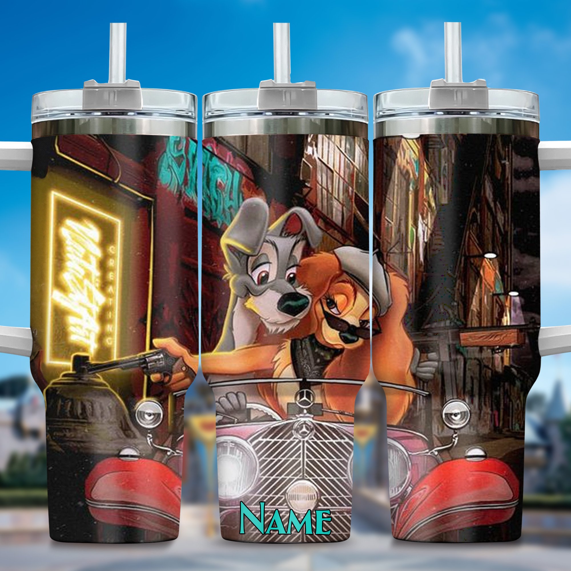 Lady and the Tramp Cartoon Custom Stanley Quencher 40oz Stainless Steel Tumbler With Handle