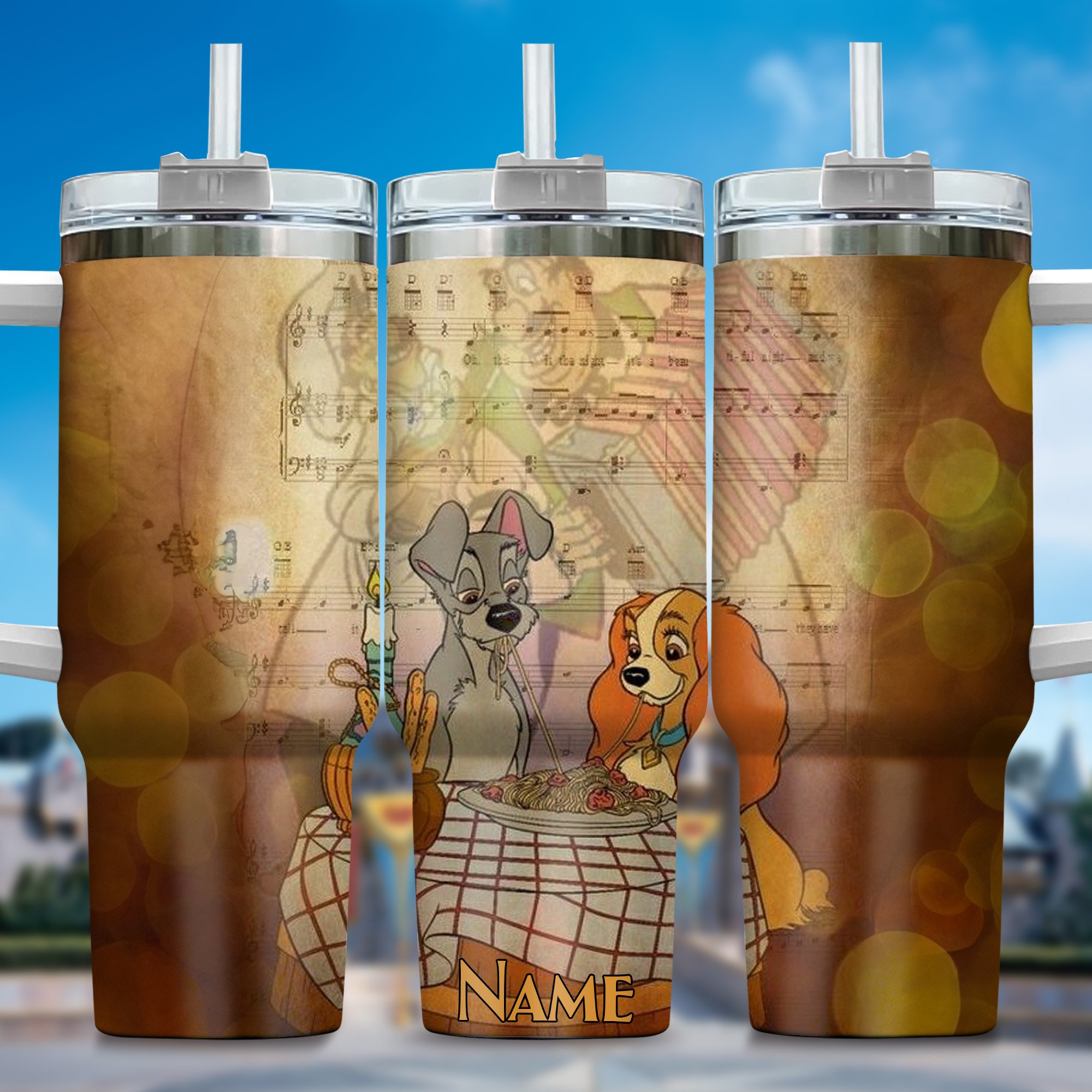 Lady and the Tramp Cartoon Custom Stanley Quencher 40oz Stainless Steel Tumbler With Handle