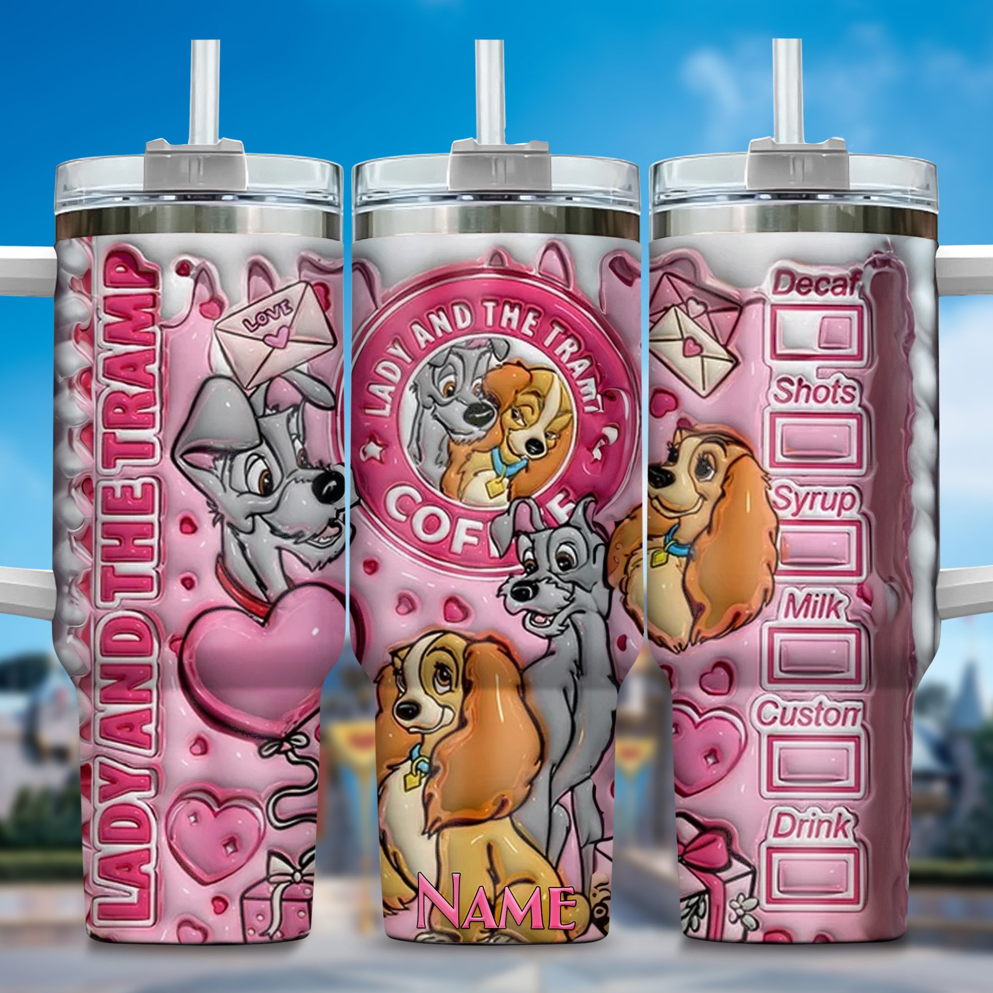 Lady and the Tramp Cartoon Custom Stanley Quencher 40oz Stainless Steel Tumbler With Handle