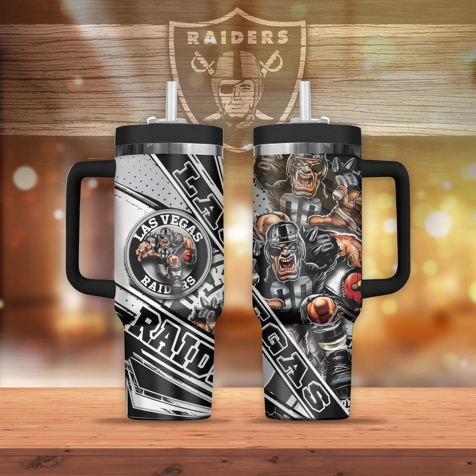 Las Vegas Raiders Mascot NFL Custom Stanley Quencher 40oz Stainless Steel Tumbler With Handle