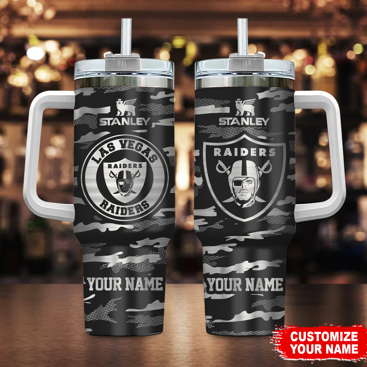 Las Vegas Raiders NFL Camo Pattern Custom Stanley Quencher 40oz Stainless Steel Tumbler With Handle