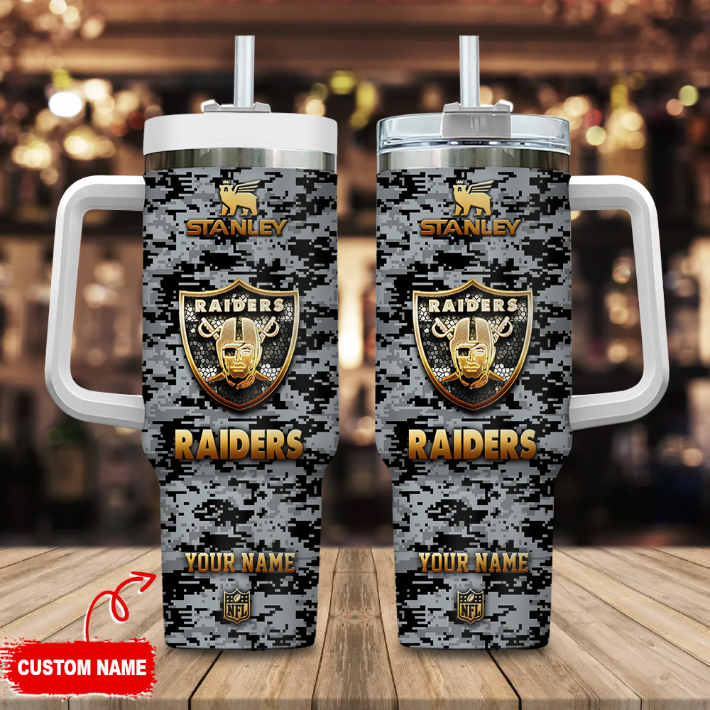 Las Vegas Raiders NFL Camouflage Golden Logo Custom Stanley Quencher 40oz Stainless Steel Tumbler With Handle
