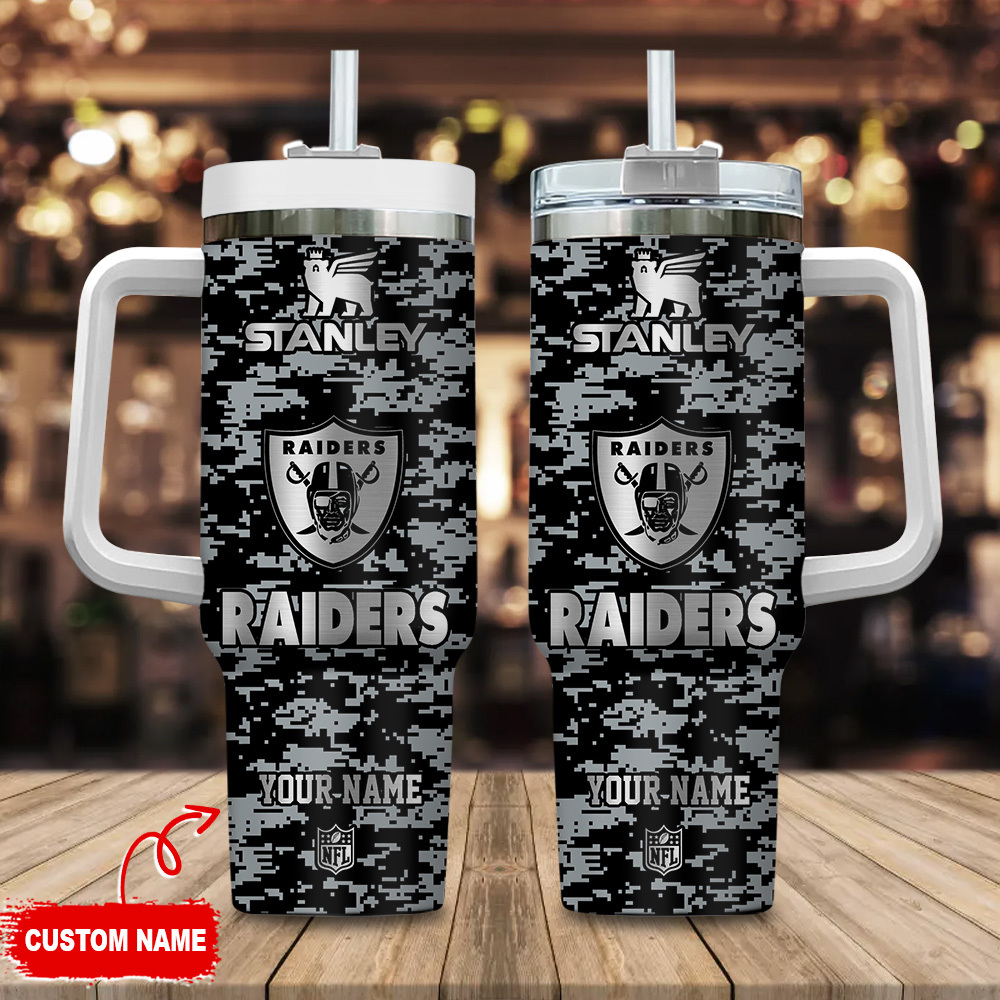 Las Vegas Raiders NFL Camouflage Silver Logo Custom Stanley Quencher 40oz Stainless Steel Tumbler With Handle