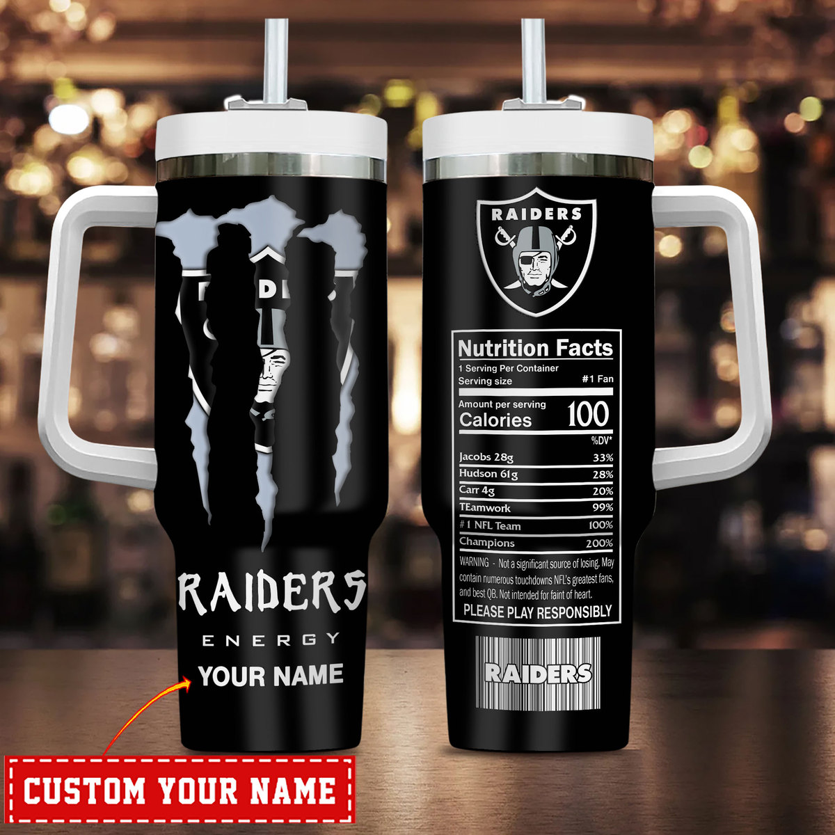 Las Vegas Raiders NFL Energy Nutrition Facts Custom Stanley Quencher 40oz Stainless Steel Tumbler With Handle
