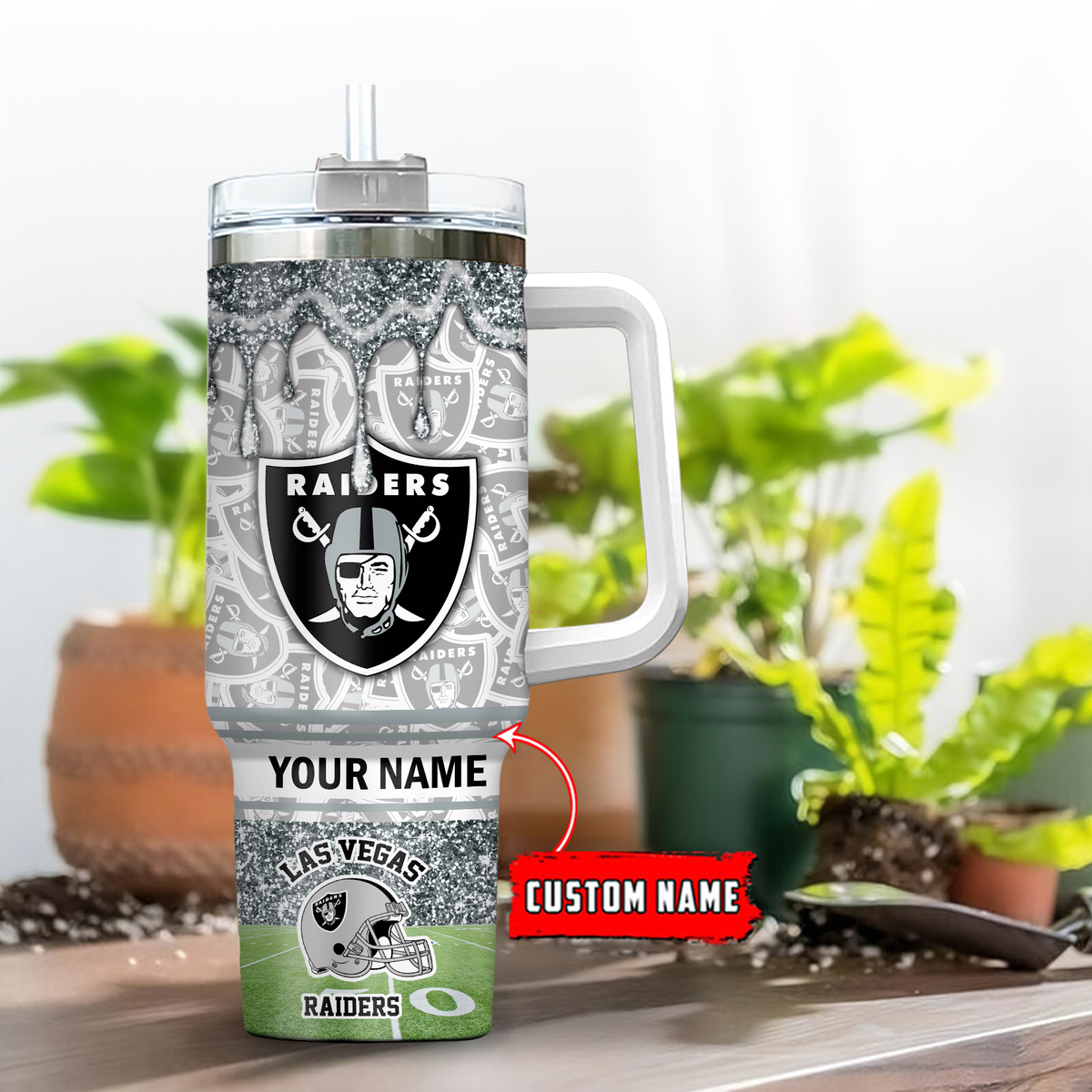 Las Vegas Raiders NFL Glitter Custom Stanley Quencher 40oz Stainless Steel Tumbler With Handle