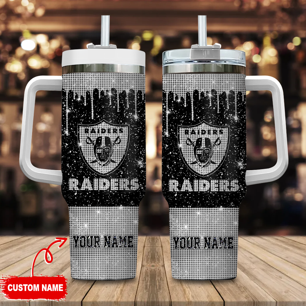 Las Vegas Raiders NFL Glitter Custom Stanley Quencher 40oz Stainless Steel Tumbler With Handle