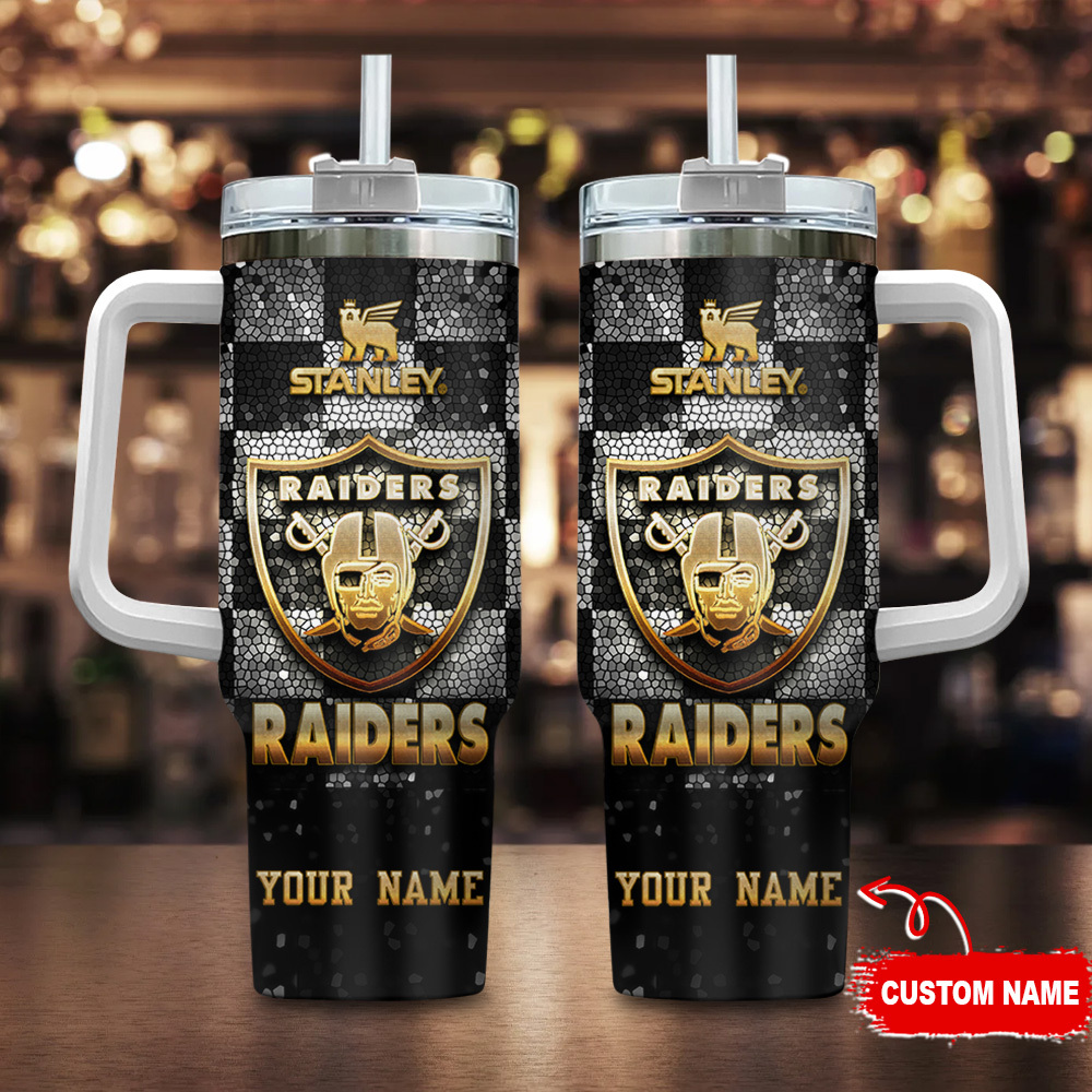 Las Vegas Raiders NFL Glitter Golden Logo Custom Stanley Quencher 40oz Stainless Steel Tumbler With Handle