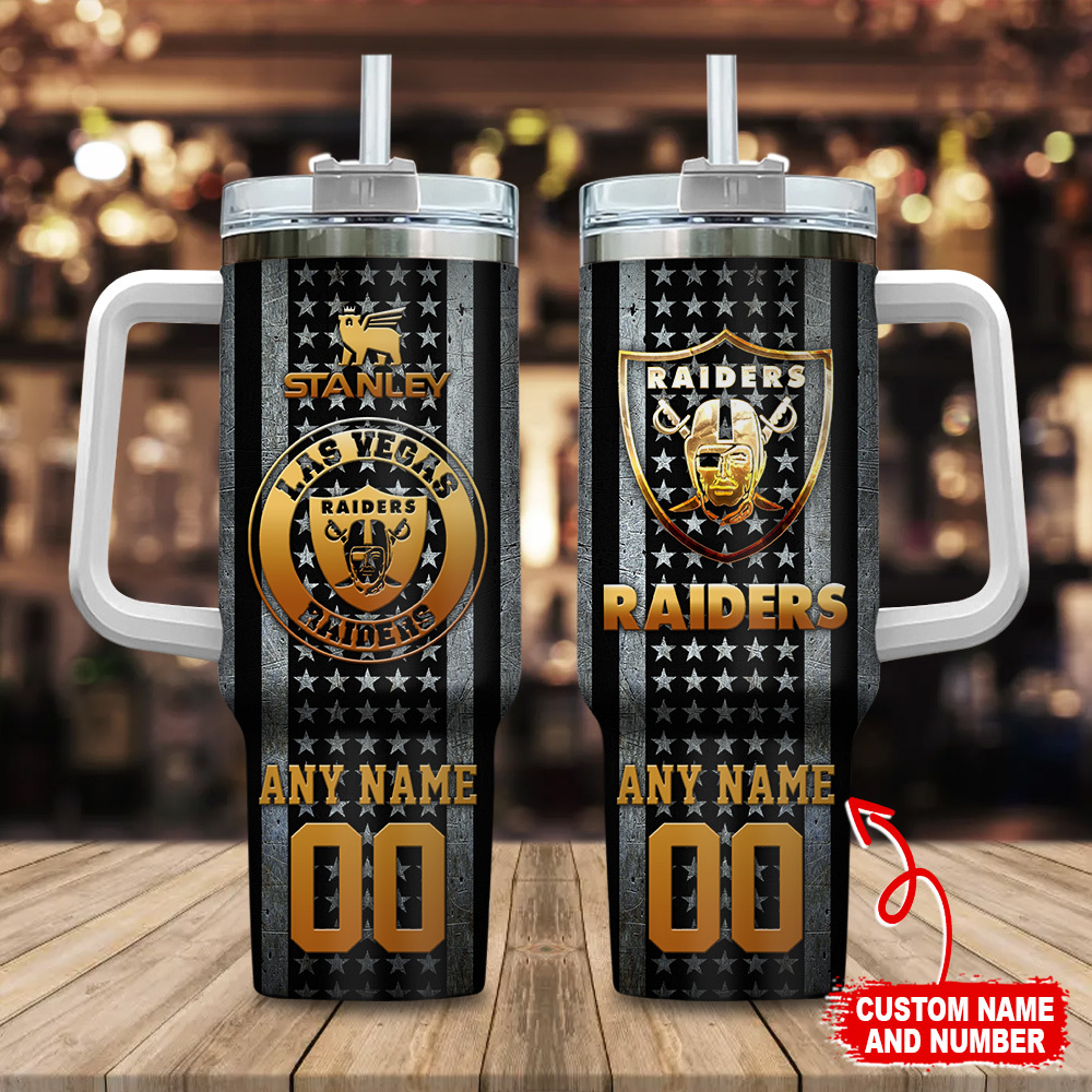 Las Vegas Raiders NFL Golden Logos US Flag Custom Stanley Quencher 40oz Stainless Steel Tumbler With Handle