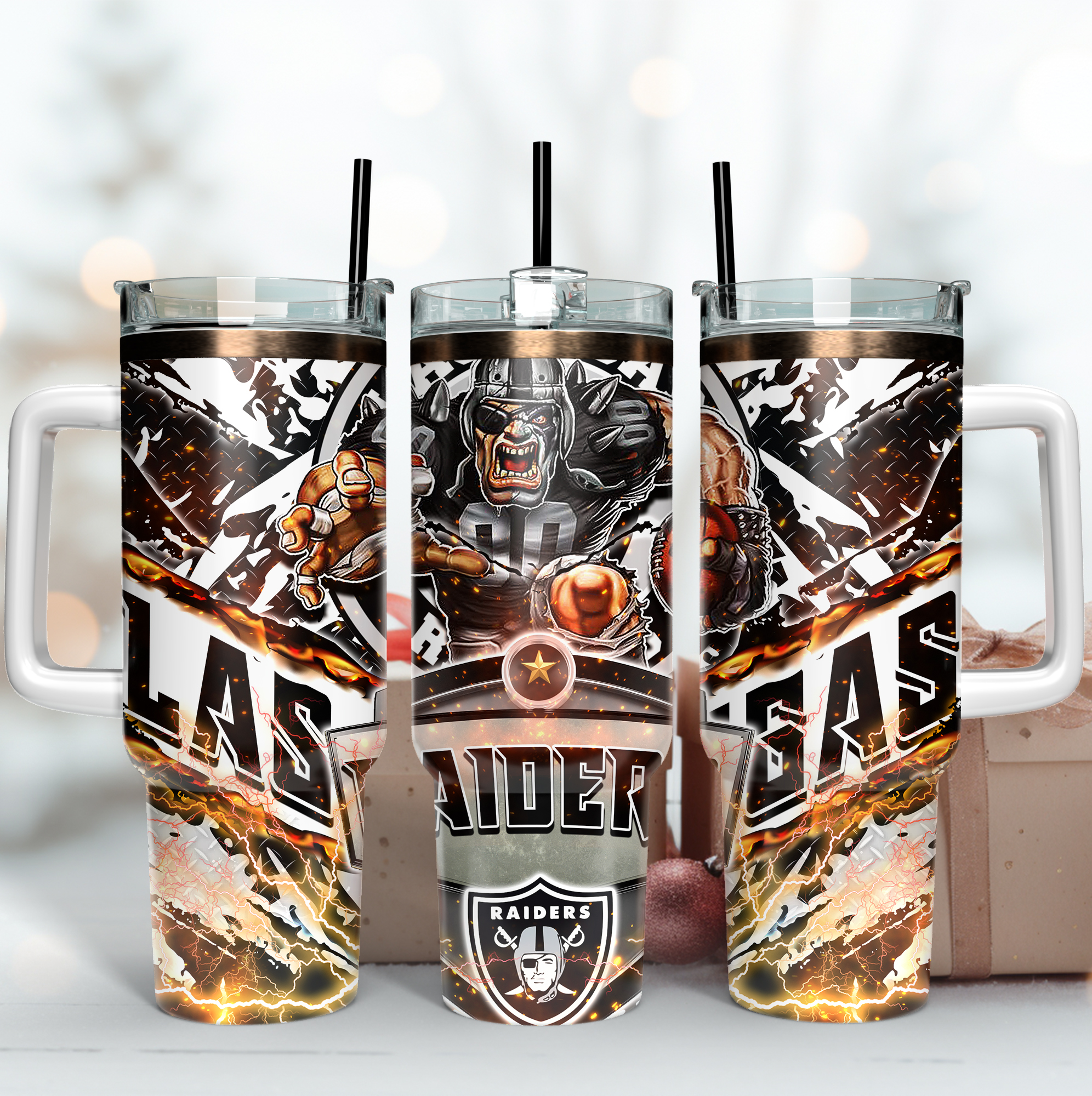 Las Vegas Raiders NFL Mascot Custom Stanley Quencher 40oz Stainless Steel Tumbler With Handle