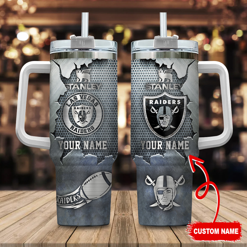 Las Vegas Raiders NFL Metal Style Custom Stanley Quencher 40oz Stainless Steel Tumbler With Handle