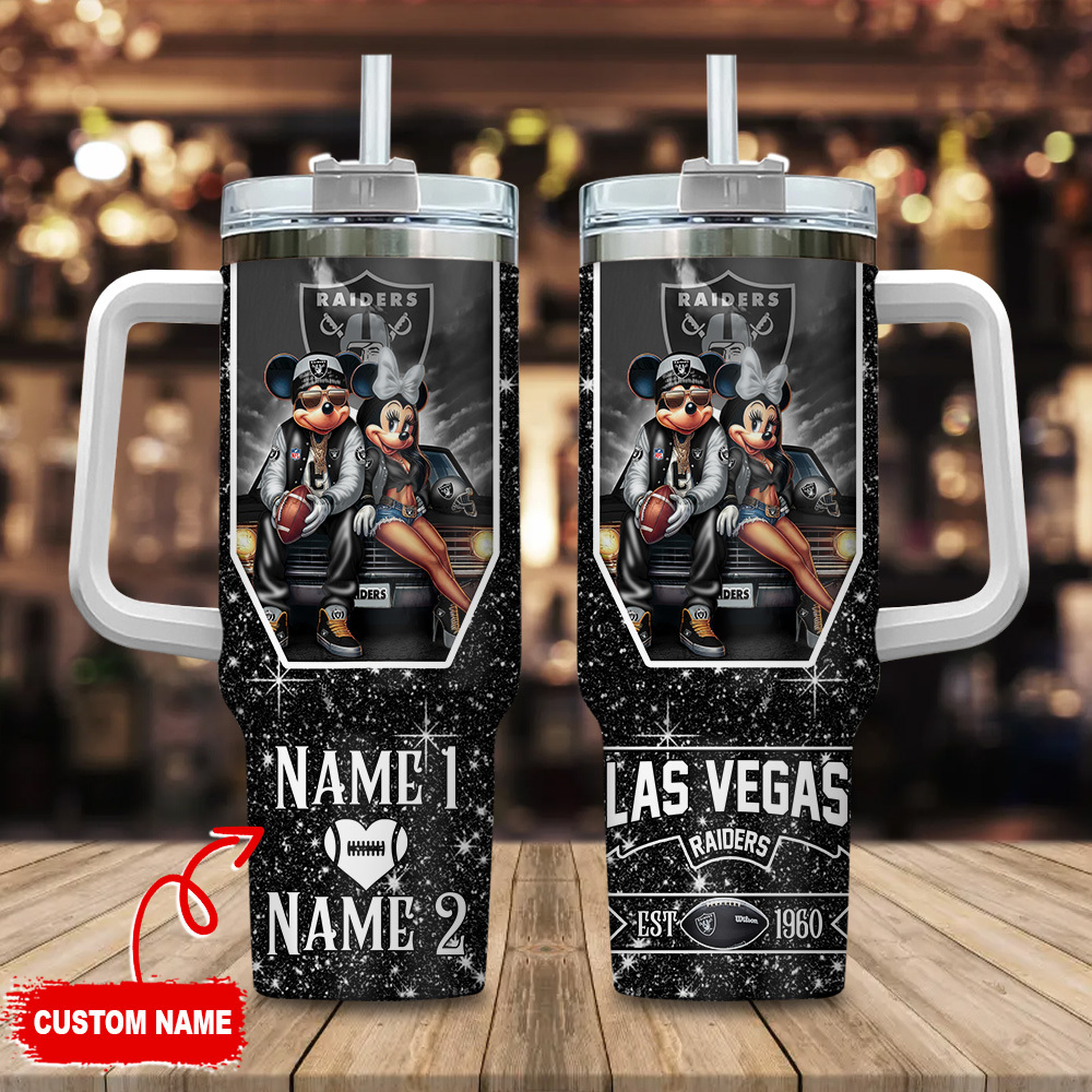 Las Vegas Raiders NFL Mickey And Minnie Couple Custom Stanley Quencher 40oz Stainless Steel Tumbler With Handle