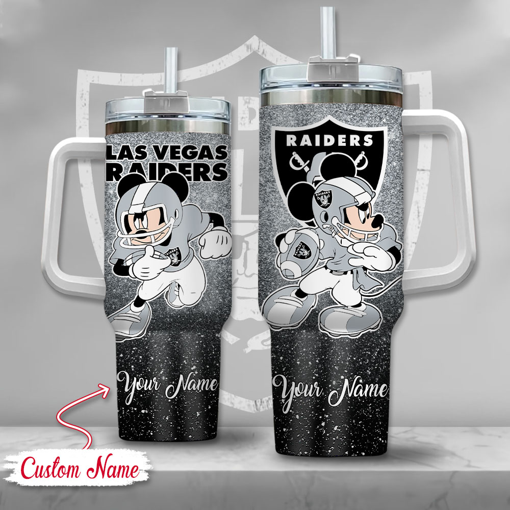 Las Vegas Raiders NFL Mickey Mouse Glitter Custom Stanley Quencher 40oz Stainless Steel Tumbler With Handle