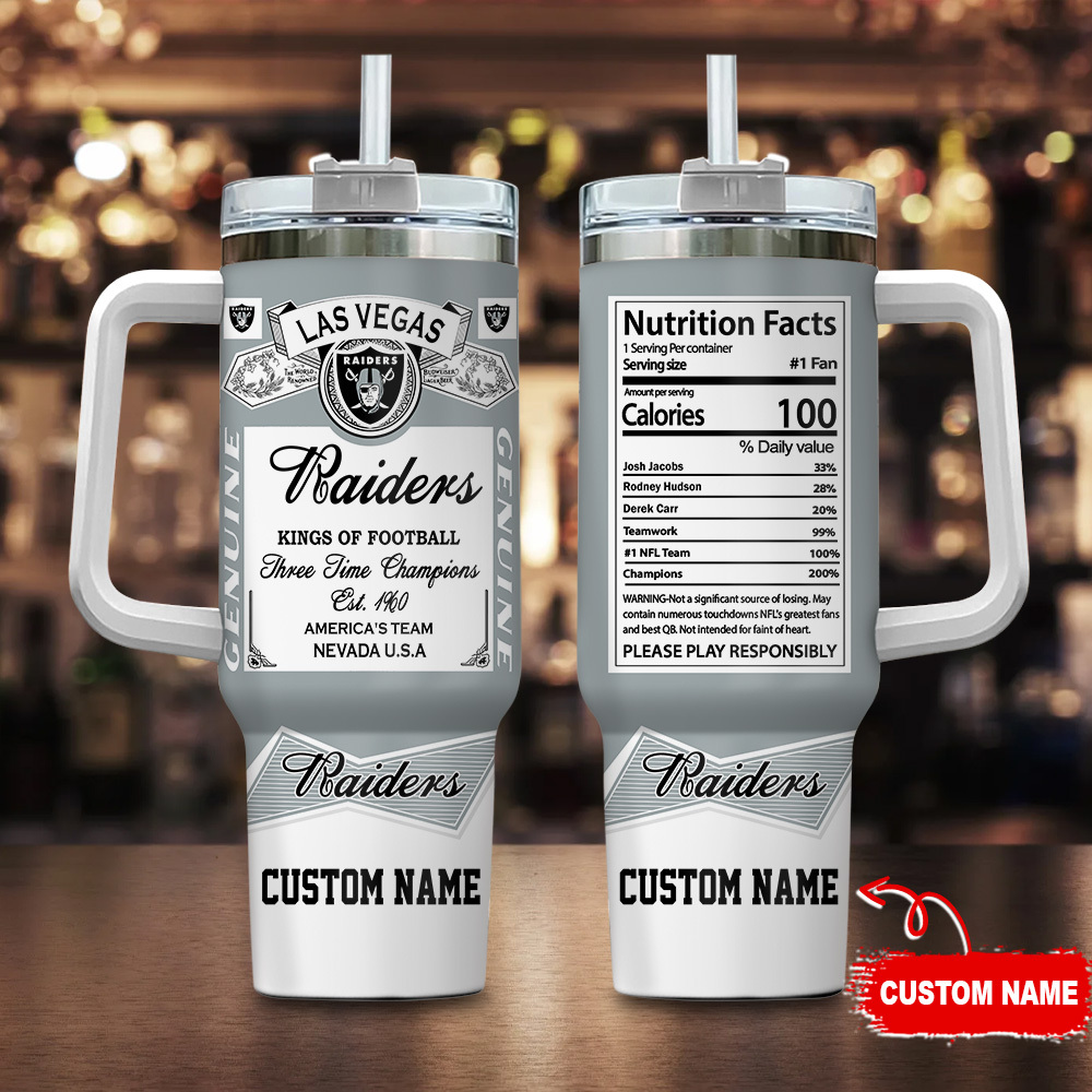 Las Vegas Raiders NFL Nutrition Facts Custom Stanley Quencher 40oz Stainless Steel Tumbler With Handle
