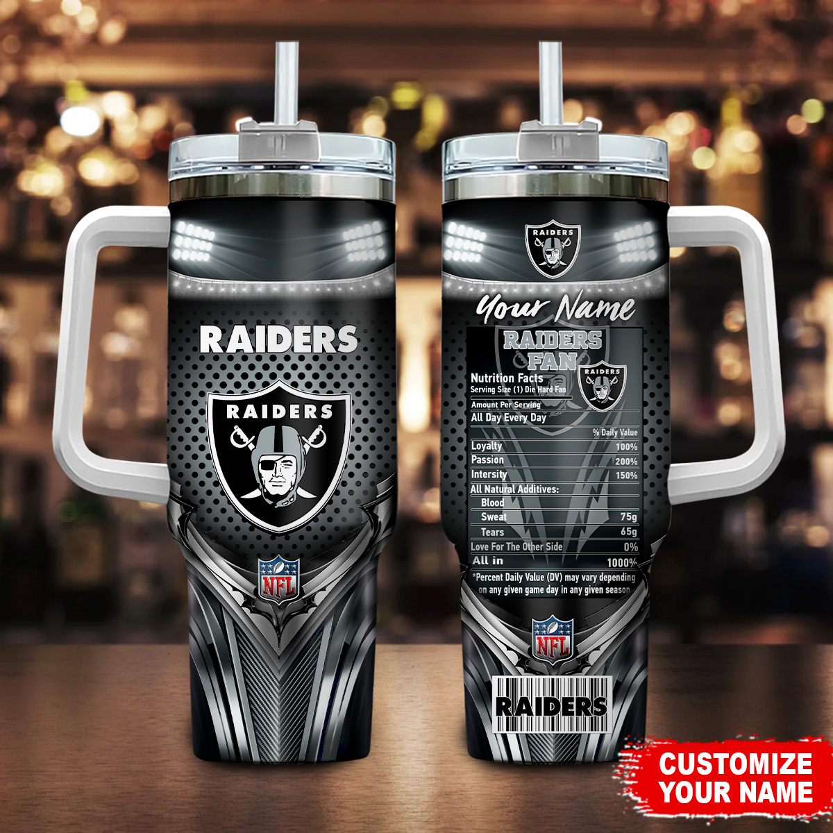 Las Vegas Raiders NFL Nutrition Facts Custom Stanley Quencher 40oz Stainless Steel Tumbler With Handle