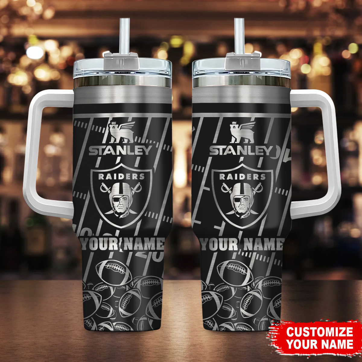 Las Vegas Raiders NFL Silver Custom Stanley Quencher 40oz Stainless Steel Tumbler With Handle