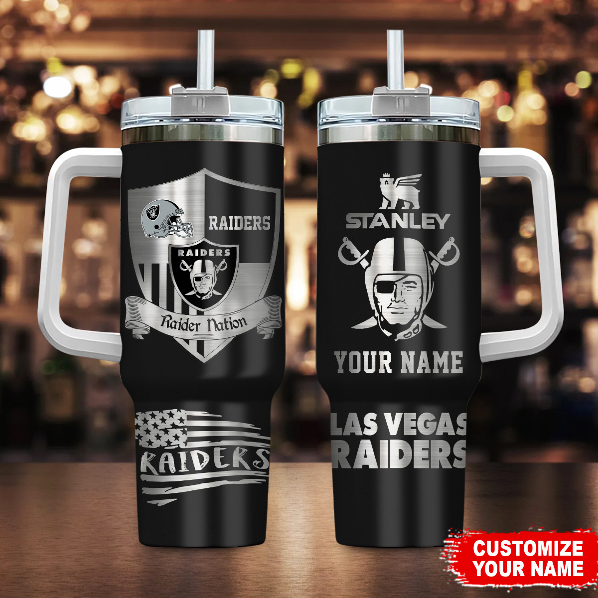 Las Vegas Raiders NFL Silver Logo Custom Stanley Quencher 40oz Stainless Steel Tumbler With Handle