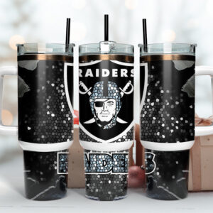 Las Vegas Raiders NFL Stained Glass Effect Custom Stanley Quencher 40oz Stainless Steel Tumbler With Handle