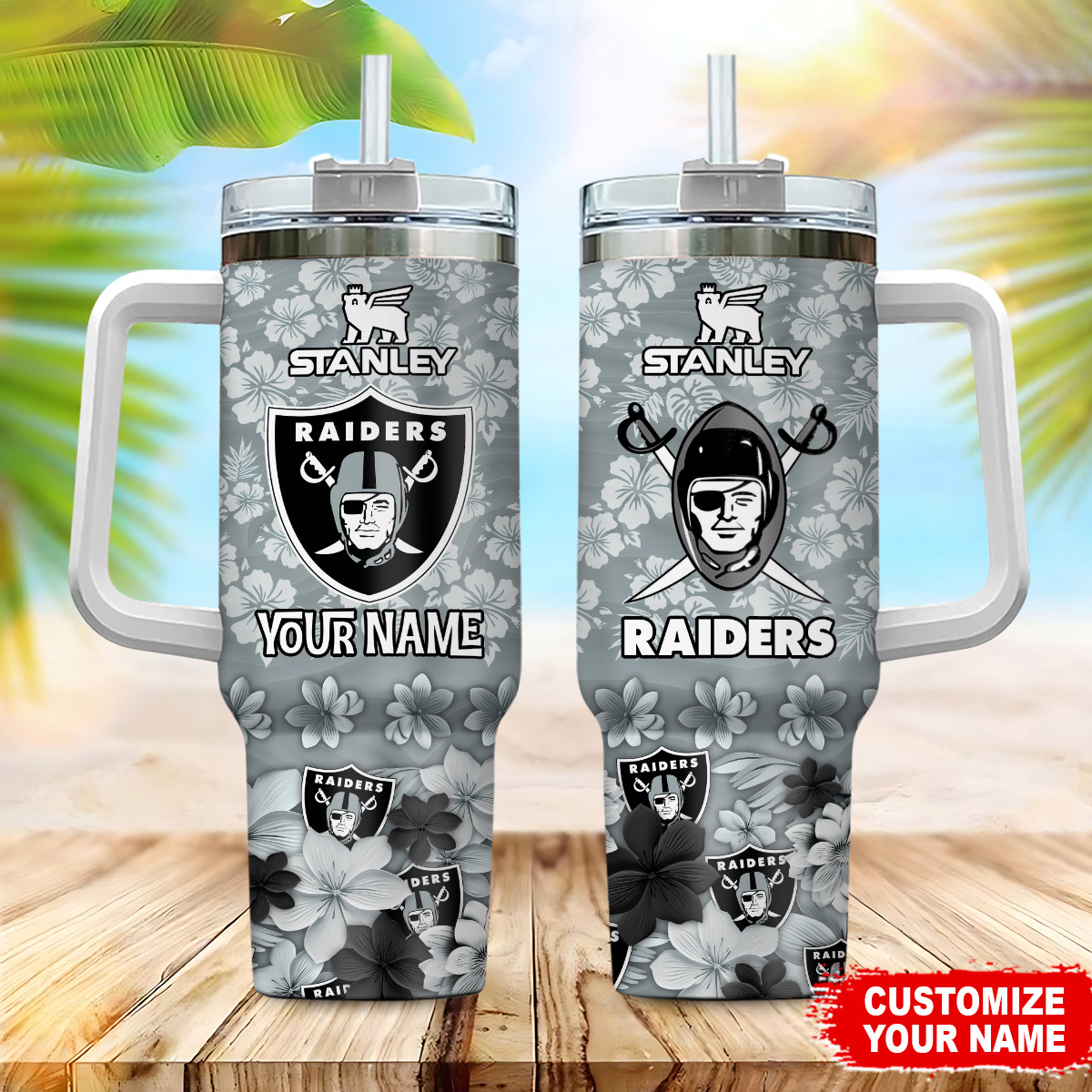 Las Vegas Raiders NFL Tropical Floral Custom Stanley Quencher 40oz Stainless Steel Tumbler With Handle