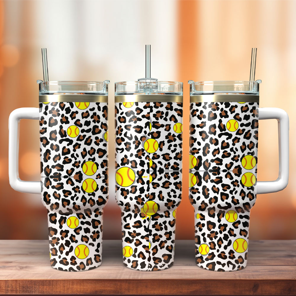 Leopard and Baseball Custom Stanley Quencher 40oz Stainless Steel Tumbler With Handle