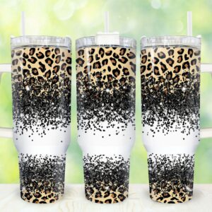 Leopard Glitter Custom Stanley Quencher 40oz Stainless Steel Tumbler With Handle