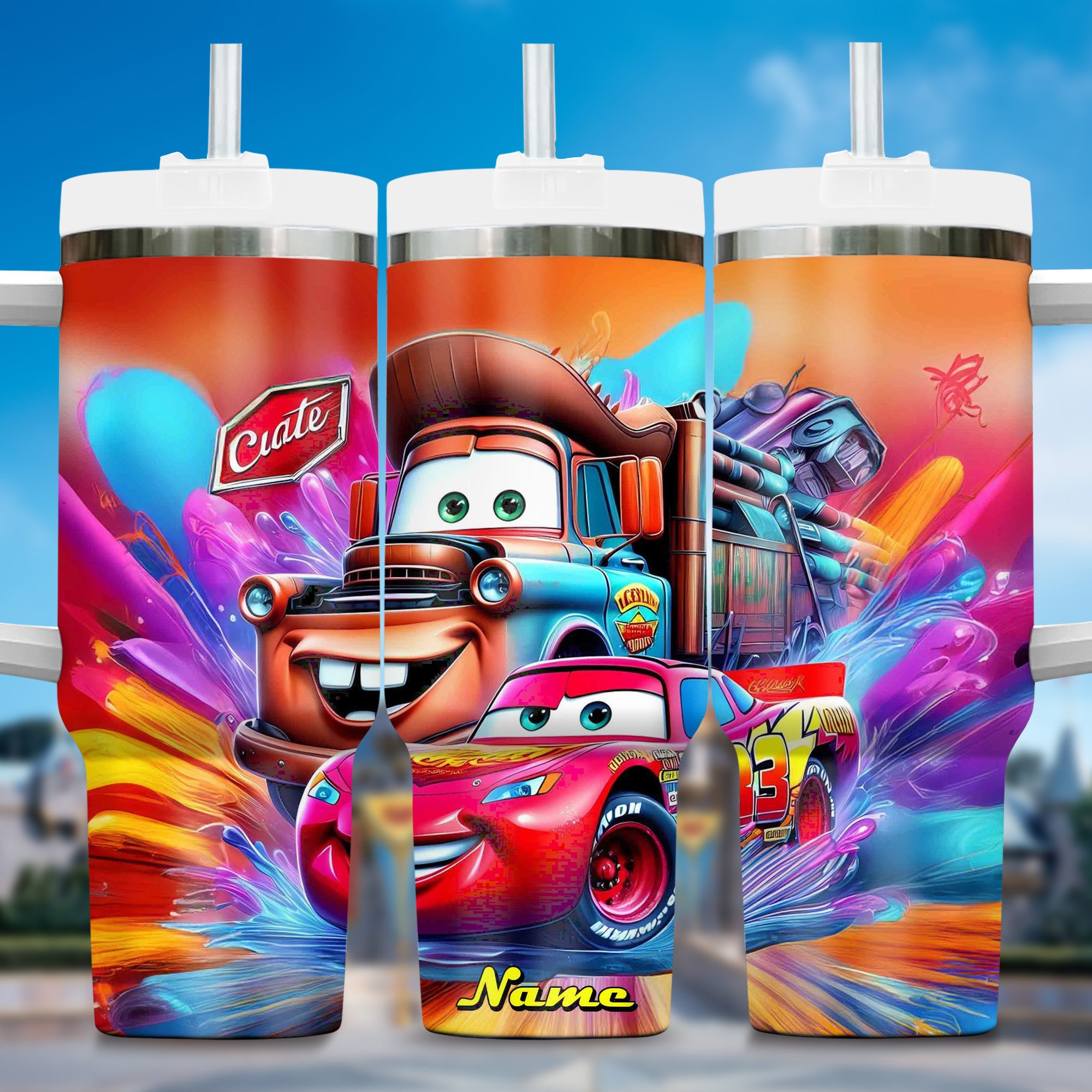 Lightning McQueen Cars 2 Cartoon Custom Stanley Quencher 40oz Stainless Steel Tumbler With Handle