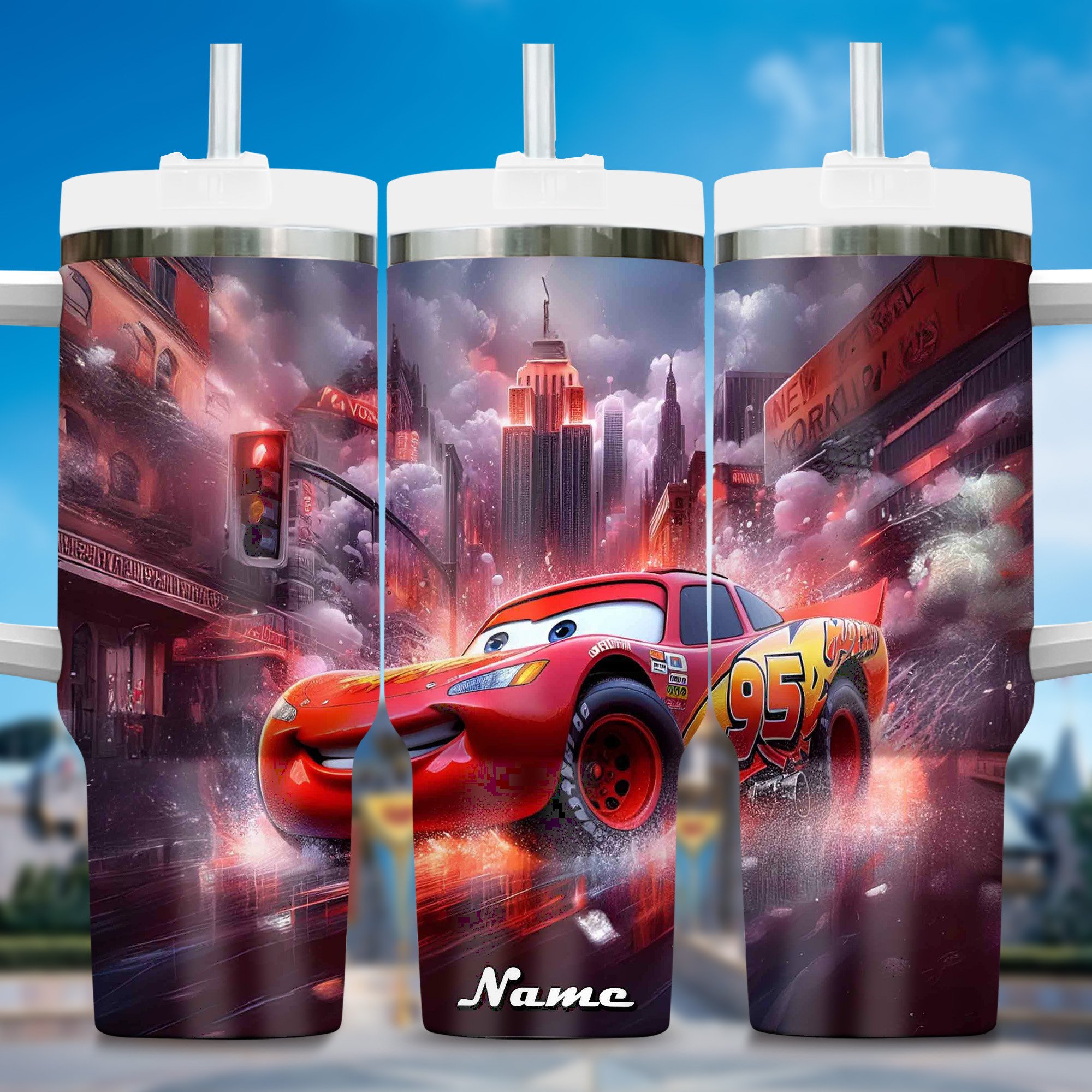 Lightning McQueen Cars Cartoon Custom Stanley Quencher 40oz Stainless Steel Tumbler With Handle