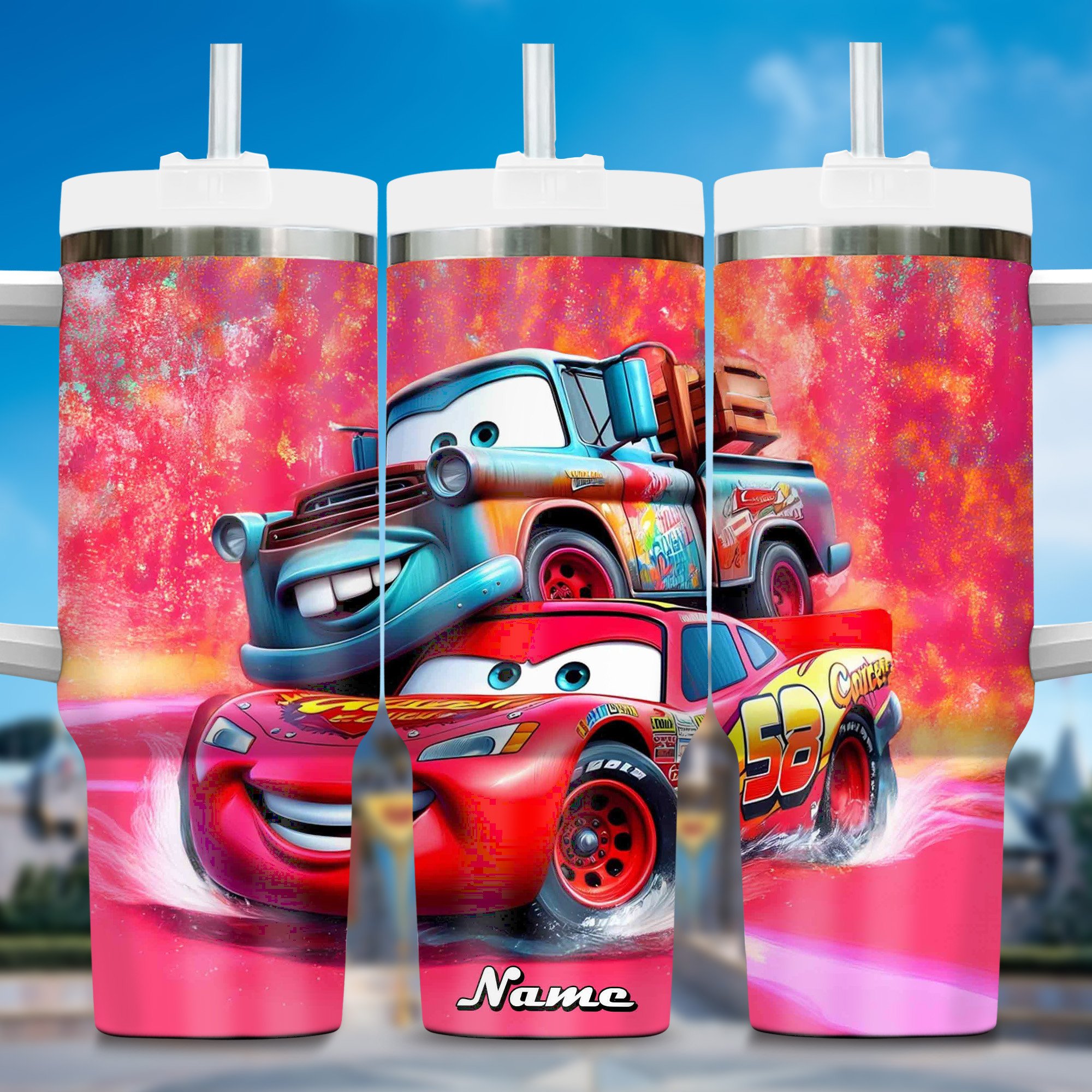 Lightning McQueen Cars Cartoon Custom Stanley Quencher 40oz Stainless Steel Tumbler With Handle