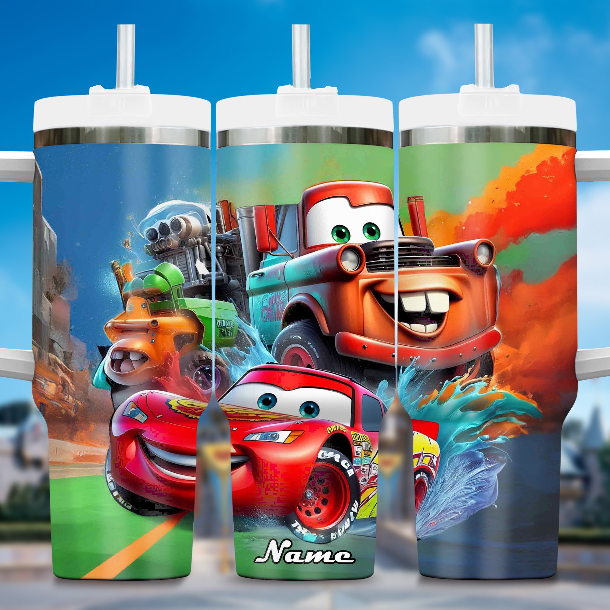 Lightning McQueen Cars Cartoon Custom Stanley Quencher 40oz Stainless Steel Tumbler With Handle