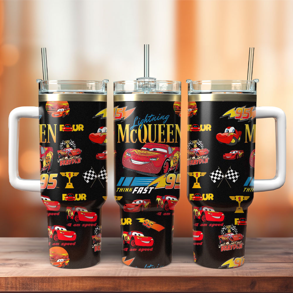 Lightning McQueen Cartoon Custom Stanley Quencher 40oz Stainless Steel Tumbler With Handle
