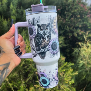 Lilac Owl Flower Custom Stanley Quencher 40oz Stainless Steel Tumbler With Handle