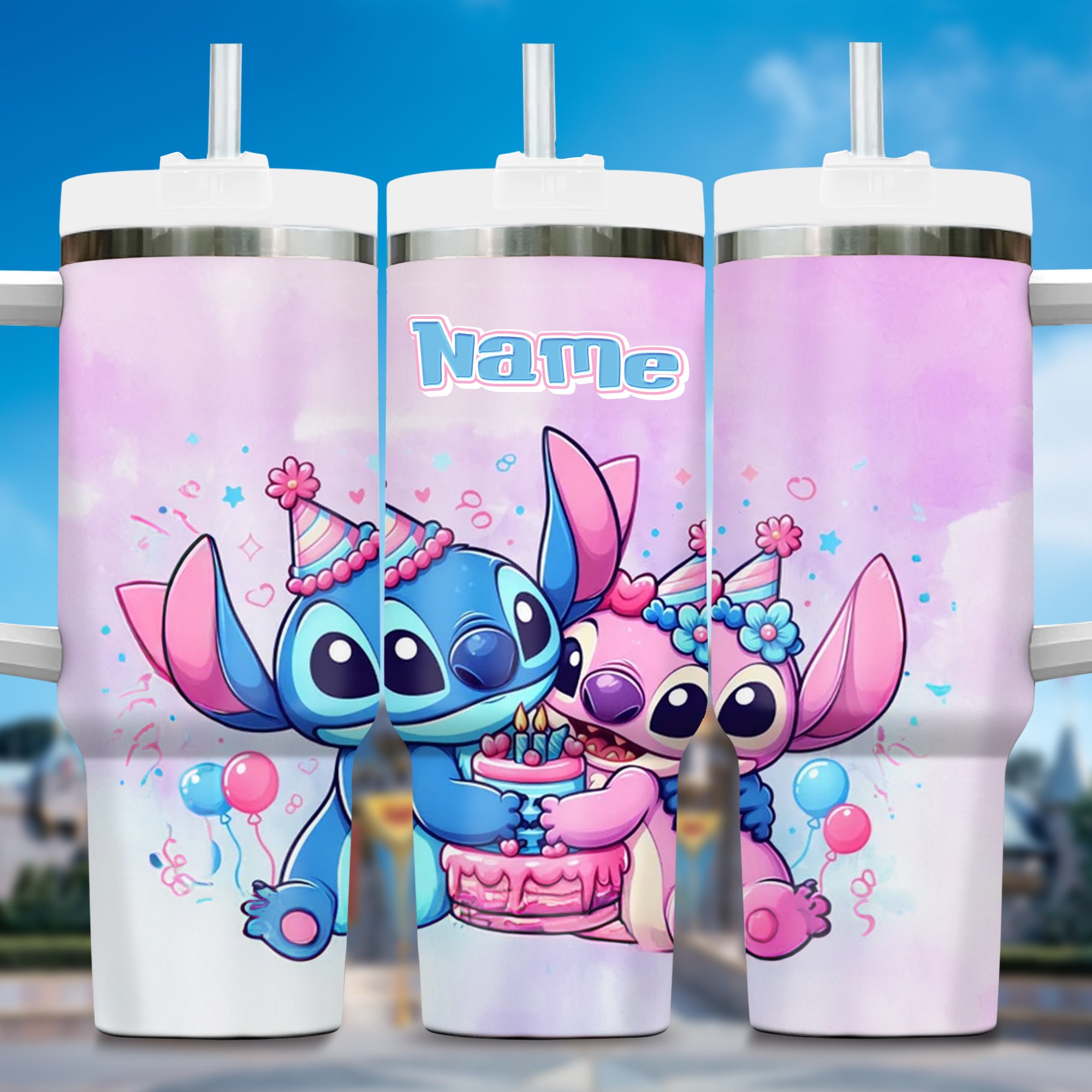 Lilo and Stitch Cartoon Custom Stanley Quencher 40oz Stainless Steel Tumbler With Handle