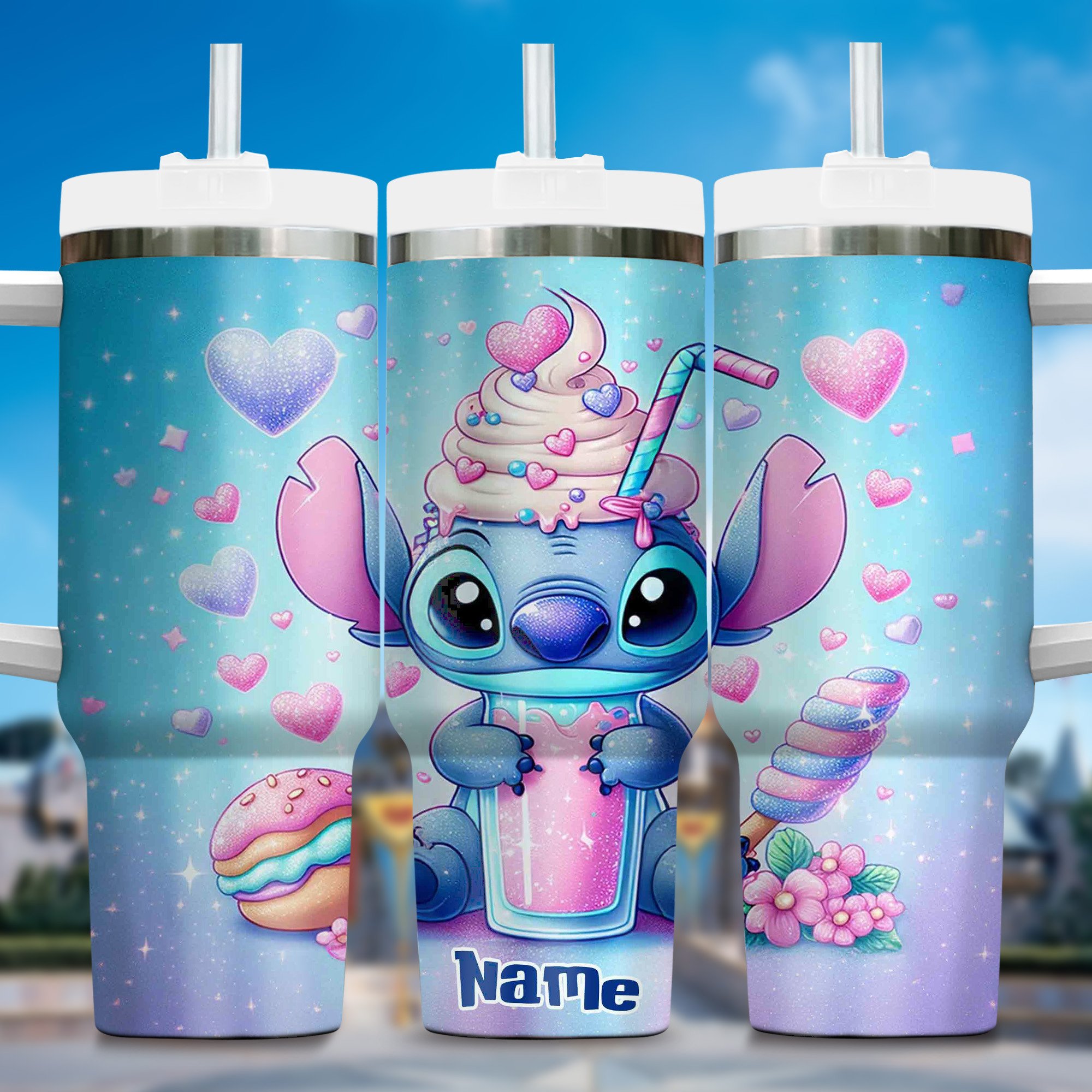 Lilo and Stitch Cartoon Custom Stanley Quencher 40oz Stainless Steel Tumbler With Handle