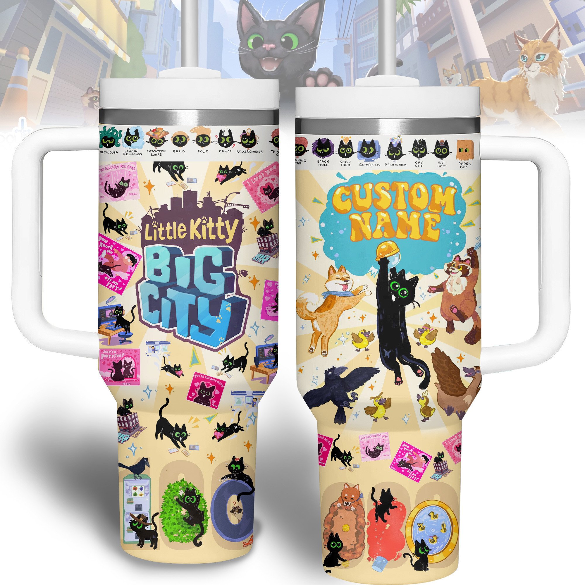 Little Kitty Big City Games Custom Stanley Quencher 40oz Stainless Steel Tumbler With Handle