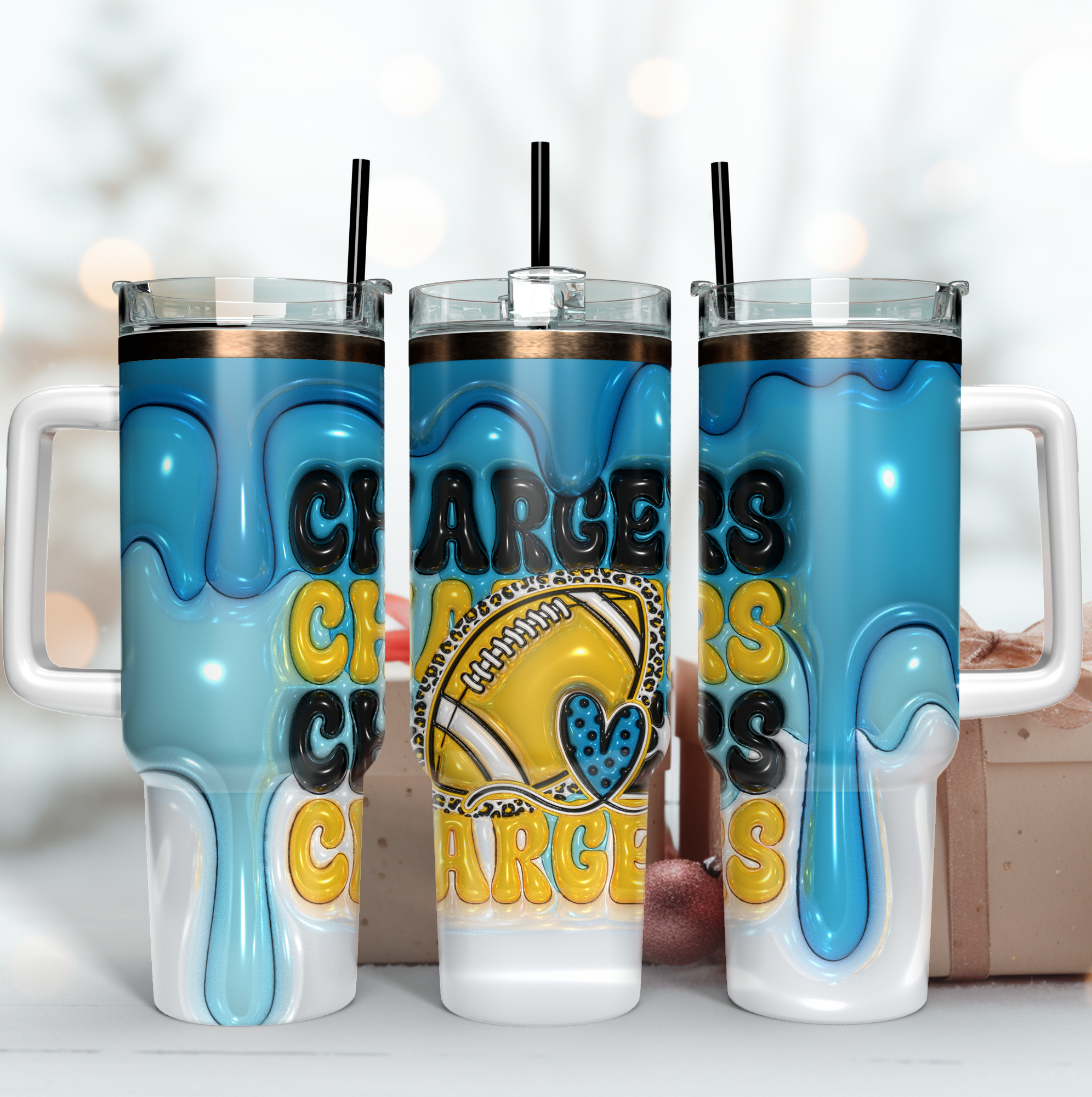 Los Angeles Chargers NFL 3D Inflated Puff Effect Custom Stanley Quencher 40oz Stainless Steel Tumbler With Handle