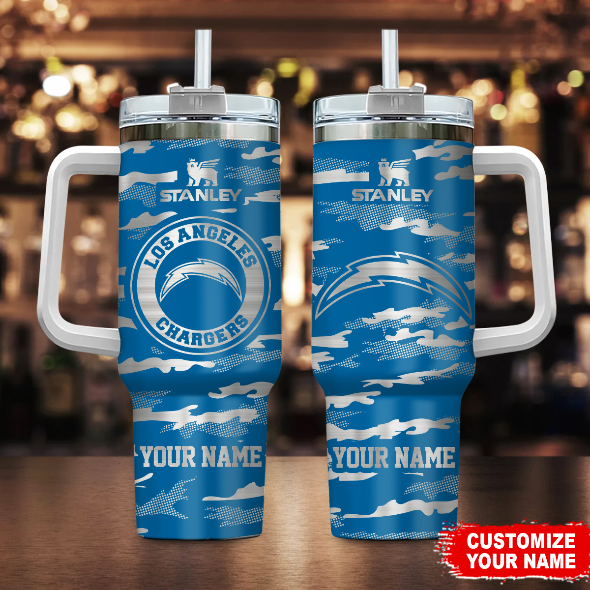 Los Angeles Chargers NFL Camo Pattern Custom Stanley Quencher 40oz Stainless Steel Tumbler With Handle