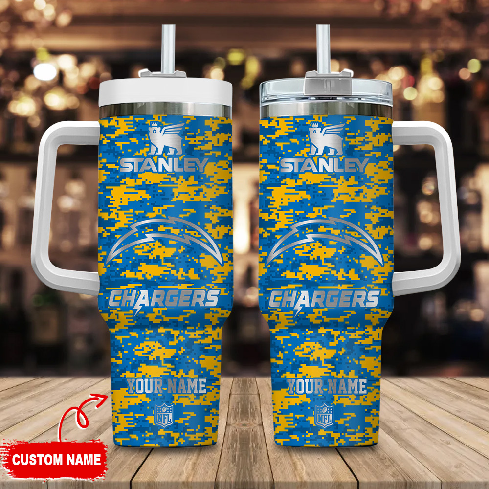 Los Angeles Chargers NFL Camouflage Silver Logo Custom Stanley Quencher 40oz Stainless Steel Tumbler With Handle