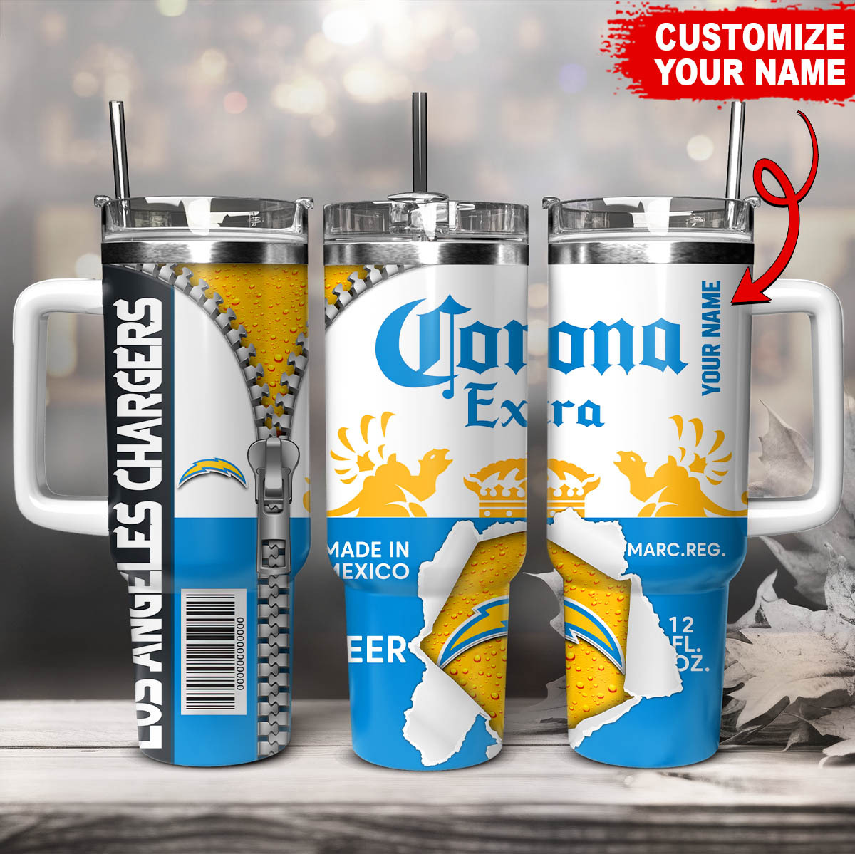 Los Angeles Chargers NFL Corona Extra Custom Stanley Quencher 40oz Stainless Steel Tumbler With Handle
