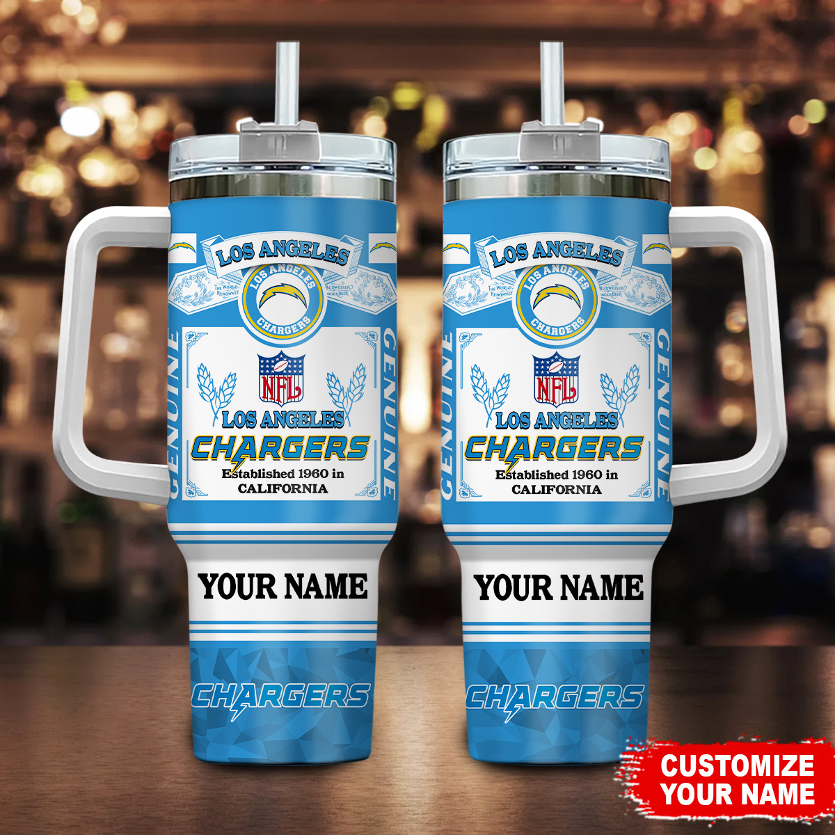 Los Angeles Chargers NFL Custom Stanley Quencher 40oz Stainless Steel Tumbler With Handle