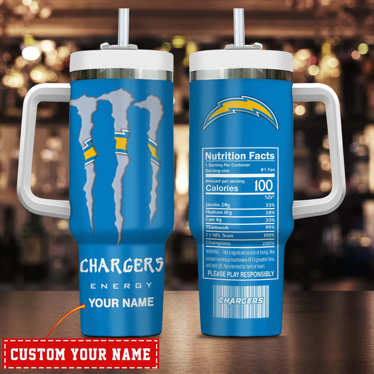 Los Angeles Chargers NFL Energy Nutrition Facts Custom Stanley Quencher 40oz Stainless Steel Tumbler With Handle