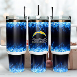 Los Angeles Chargers NFL Fire Effect Custom Stanley Quencher 40oz Stainless Steel Tumbler With Handle